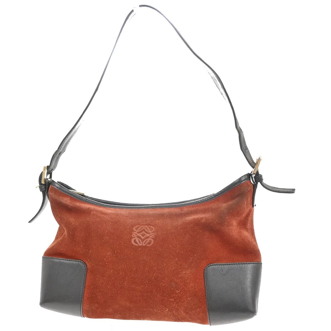 Red Suede Loewe Anagram Shoulder Bag 33cm x 19cm x 7cm: Red Suede Loewe Anagram Shoulder Bag 33cm x 19cm x 7cm This Loewe Anagram Shoulder Bag features a red suede exterior and is designed for women. The bag shows signs of use, including scuffs, dirt, wrin