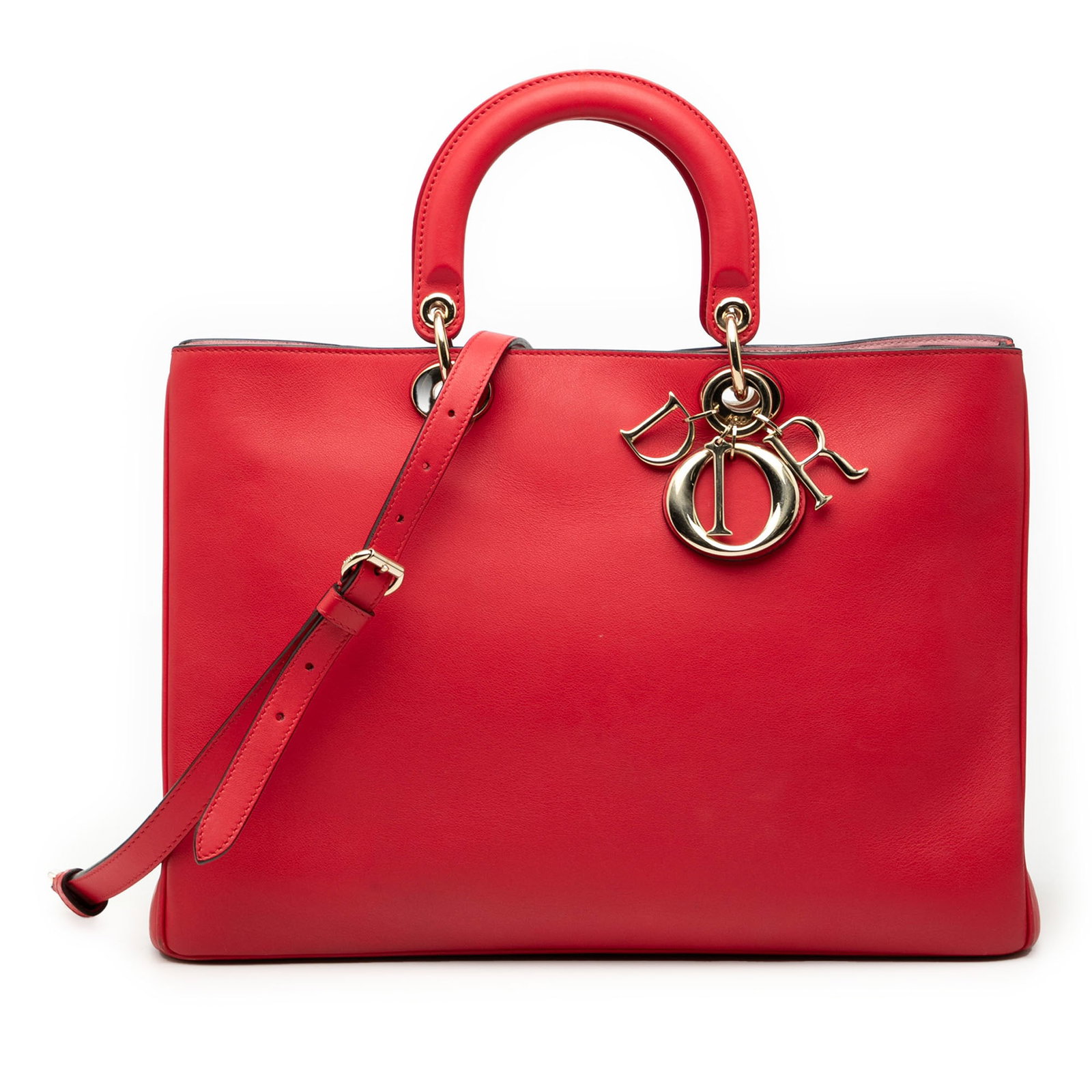 Dior Diorissimo Large Red Leather Satchel with Shoulder Strap: Dior Diorissimo Large Red Leather Satchel with Shoulder Strap This Diorissimo satchel is crafted from smooth calfskin leather in red and features flat leather top handles, a detachable and adjustable 