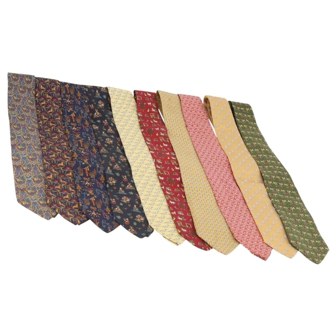Salvatore Ferragamo silk necktie set 10 bottles blue navy yellow: Salvatore Ferragamo silk necktie set 10 bottles blue navy yellow This set includes ten Salvatore Ferragamo neckties crafted from silk in a blue, navy, and yellow color palette. Made in Italy, these ne