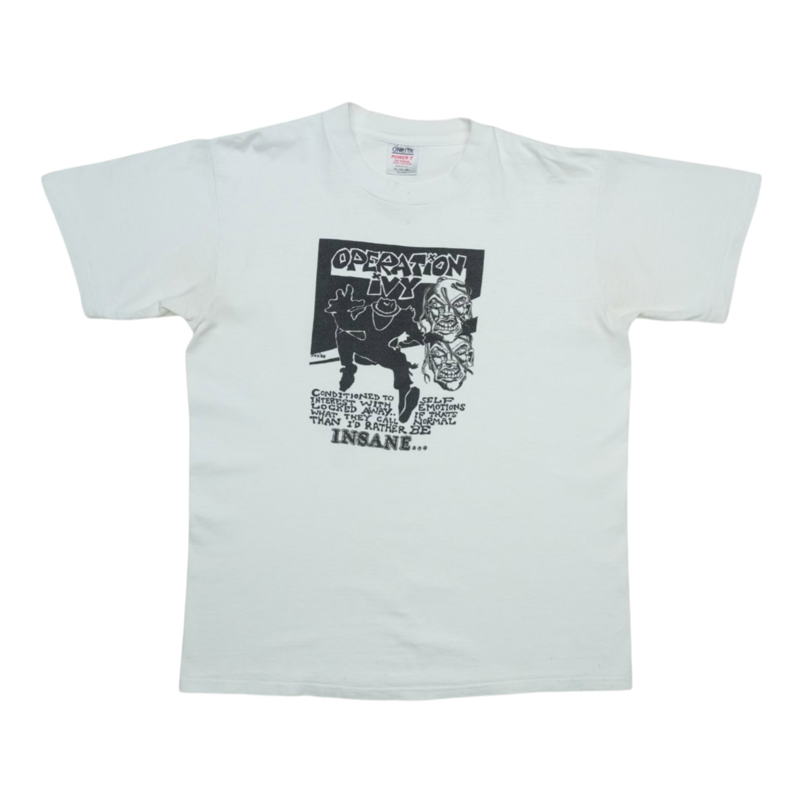 Vintage 1990s Operation Ivy Insane White Cotton T Shirt Extra Large: Vintage 1990s Operation Ivy Insane White Cotton T Shirt Extra Large This is an original vintage Operation Ivy Insane shirt from the 1990s. Crafted from 100% cotton in white, it features front graphics
