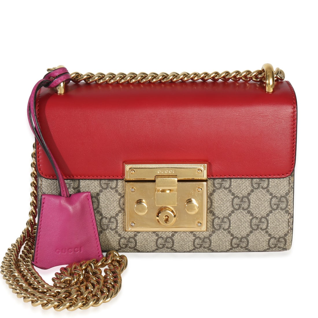 Red GG Supreme Canvas Small Padlock Crossbody Handbag by Gucci: Red GG Supreme Canvas Small Padlock Crossbody Handbag by Gucci This Gucci Small Padlock Shoulder Bag features the iconic GG Supreme coated canvas in a striking combination of red, pink, and brown tone