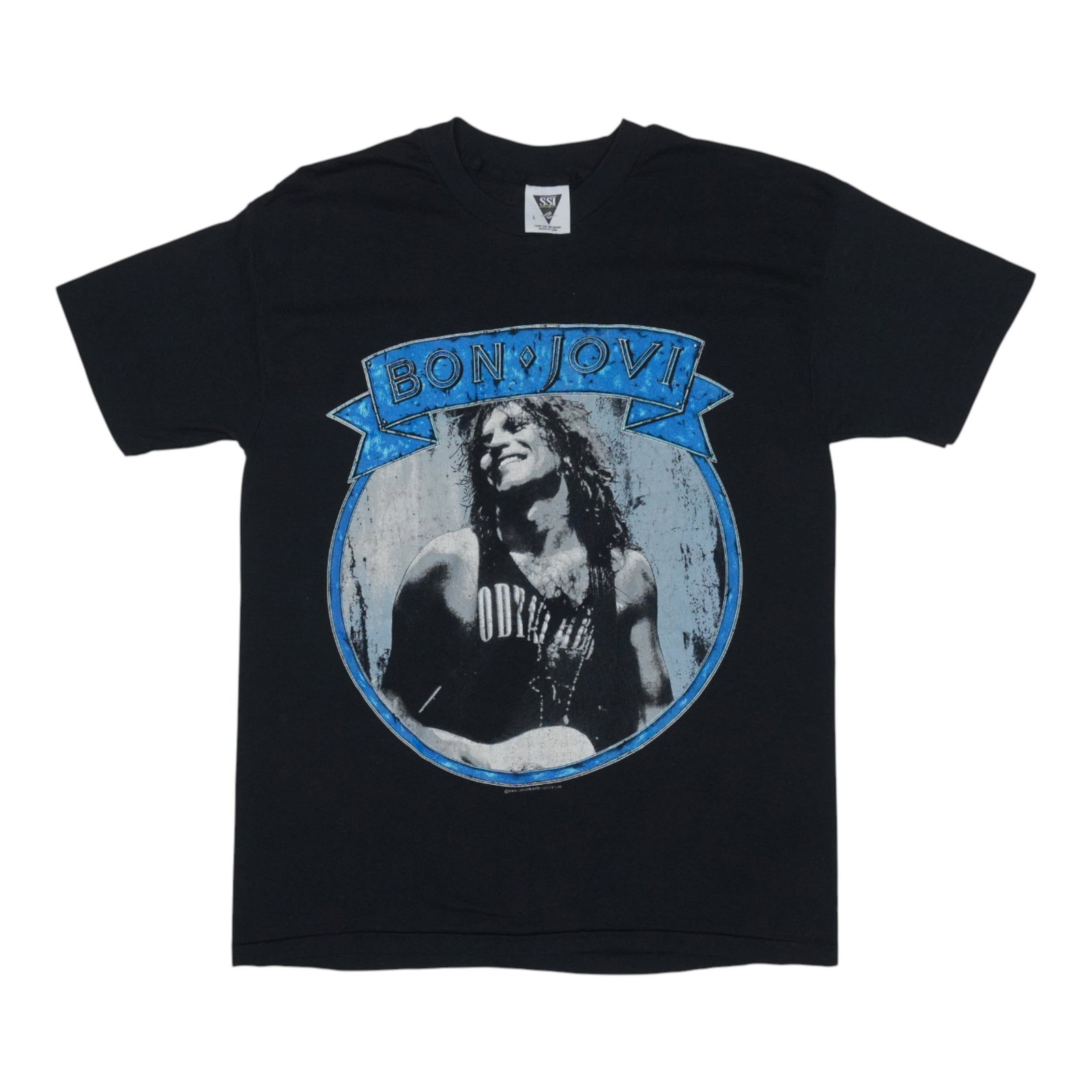 Vintage 1989 Bon Jovi Black 50/50 Poly Cotton Band T Shirt Size Large: Vintage 1989 Bon Jovi Black 50/50 Poly Cotton Band T Shirt Size Large This is an original vintage 1989 Bon Jovi shirt, not a modern reproduction. Made from a 50/50 poly/cotton blend, the shirt is blac