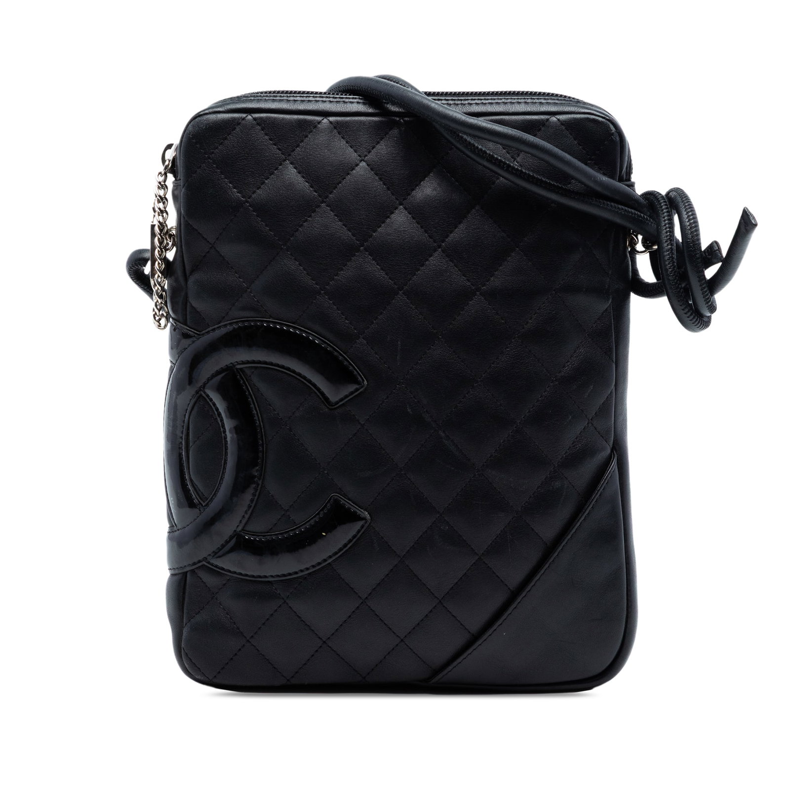 Chanel Cambon Ligne Black Quilted Lambskin Crossbody Bag with Patent Trim: Chanel Cambon Ligne Black Quilted Lambskin Crossbody Bag with Patent Trim This Chanel Cambon Ligne crossbody features a quilted leather body with interlocking C logo patent leather trim, rolled leathe