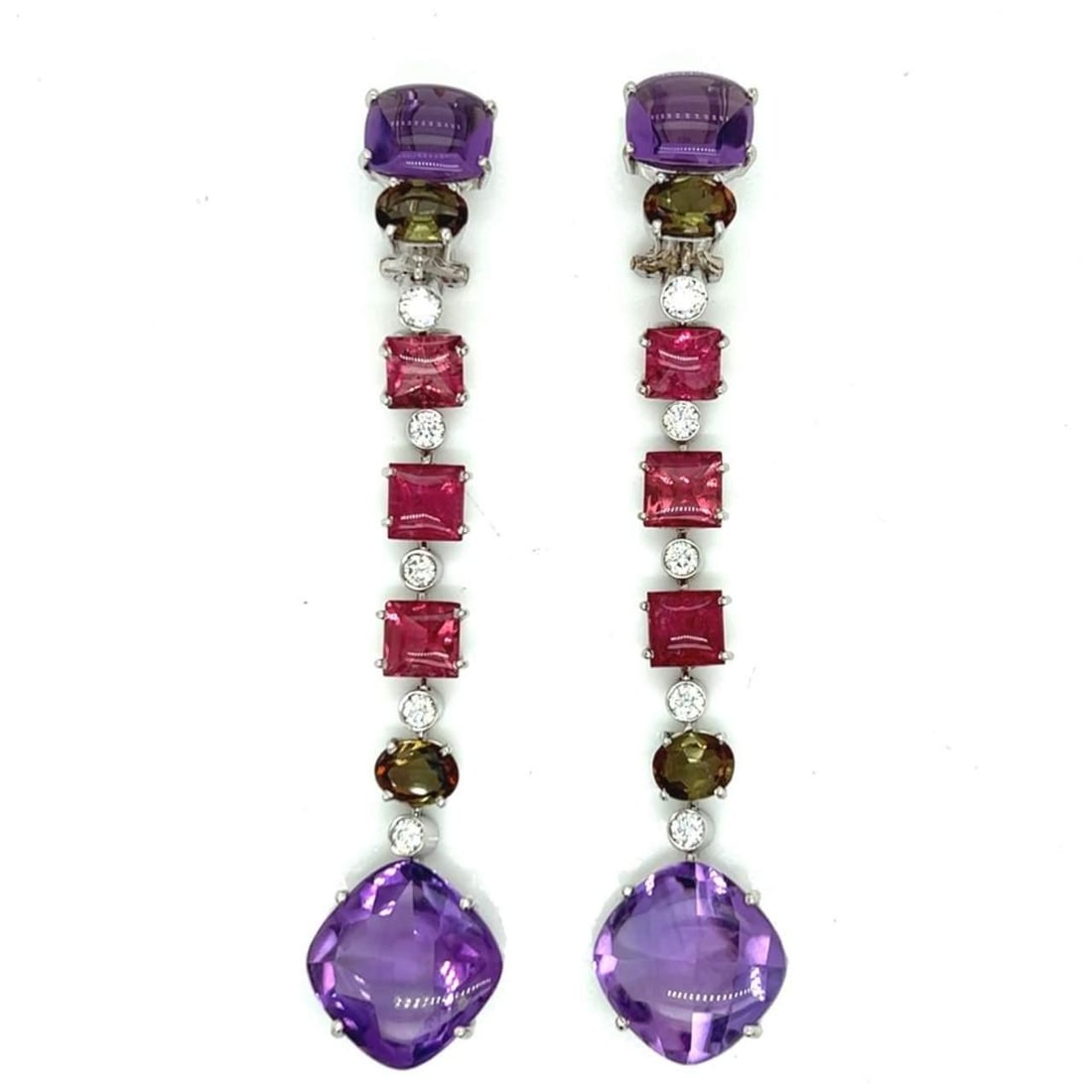 CISGEM Certified 18K White Gold Amethyst Rubelite Diamond Earrings: CISGEM Certified 18K White Gold Amethyst Rubelite Diamond Earrings Elevate your style with these stunning 18K White Gold earrings, featuring a vibrant combination of CISGEM Certified Amethyst, Rubelit