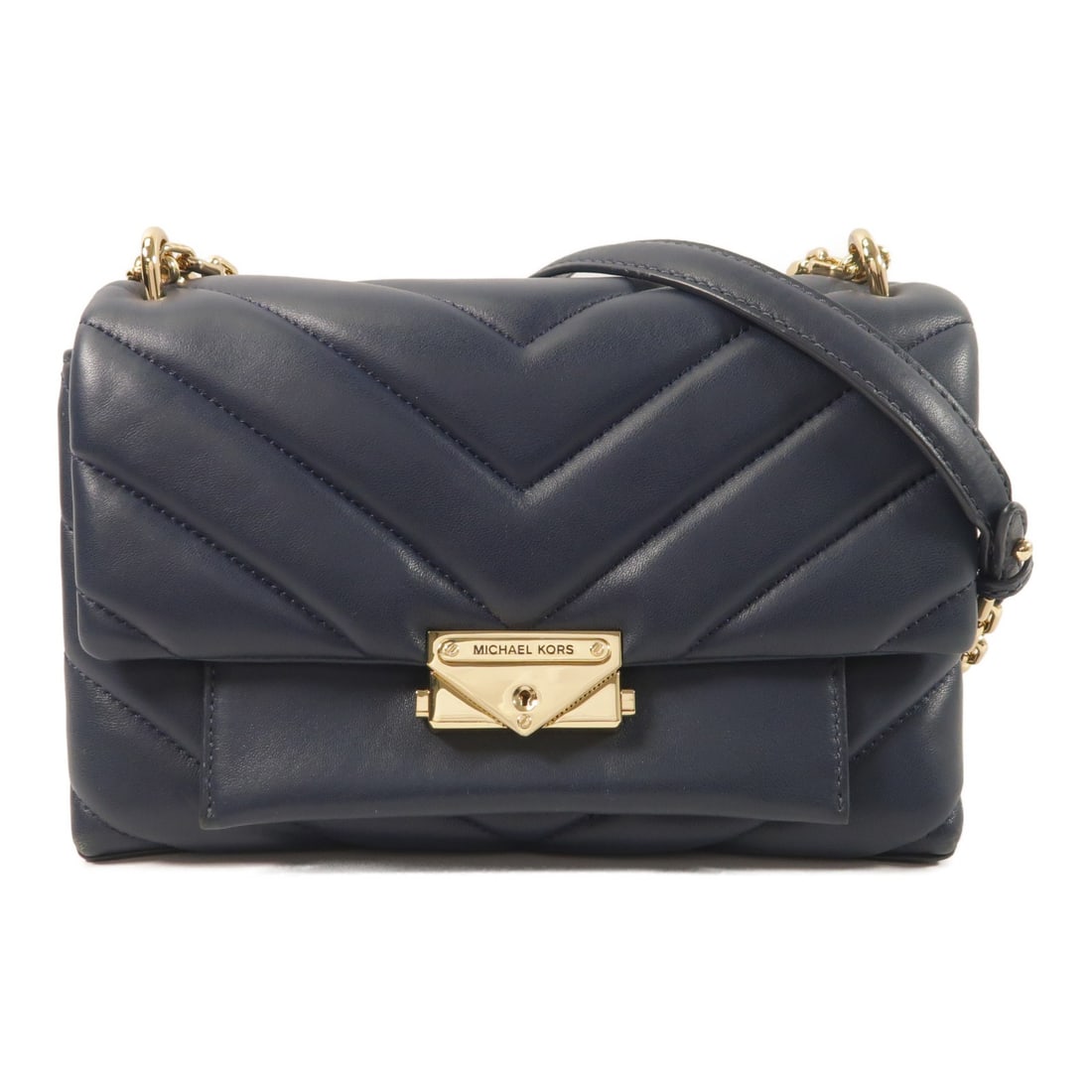 Michael Kors Blue Calfskin Chain Shoulder Bag GHW: Michael Kors Blue Calfskin Chain Shoulder Bag GHW This Michael Kors shoulder bag features a stylish blue calfskin leather exterior and a gold-tone chain strap. Designed for women, it offers a compact 