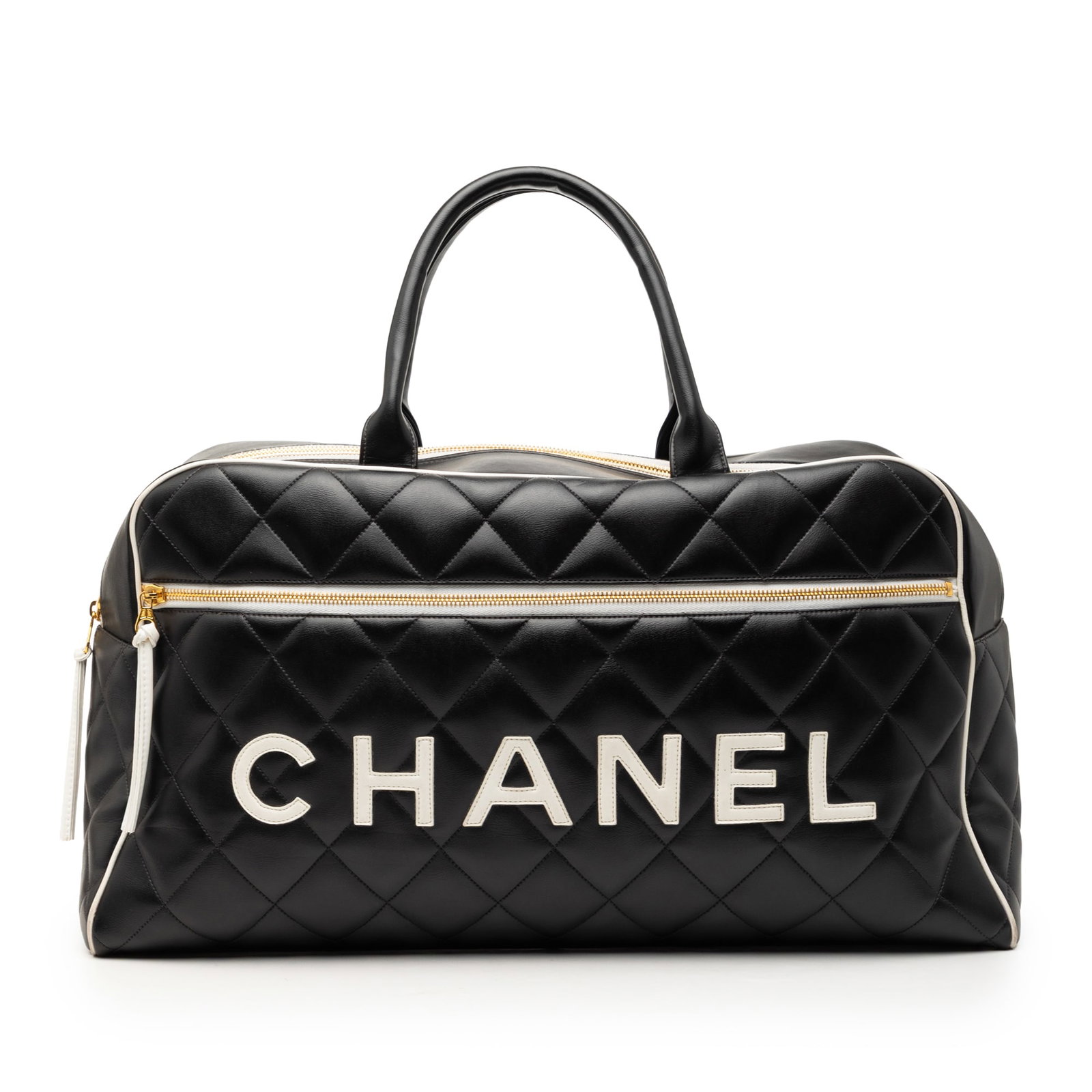 Chanel Black Quilted Calfskin Leather Bowler Travel Bag with Logo: Chanel Black Quilted Calfskin Leather Bowler Travel Bag with Logo This Chanel Quilted Calfskin Logo Bowler Weekend Bag is crafted from quilted calfskin leather and features rolled leather handles, a t