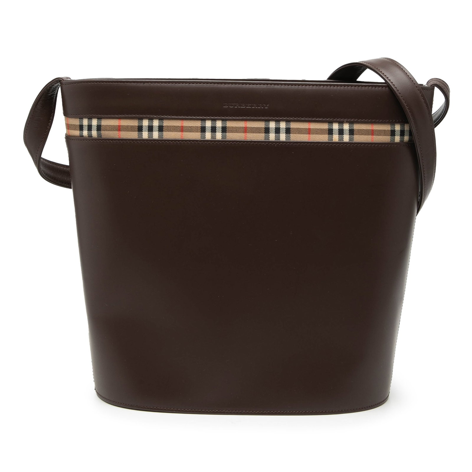 Burberry Brown Leather Crossbody Bag with House Check Canvas Trim: Burberry Brown Leather Crossbody Bag with House Check Canvas Trim This Burberry crossbody bag features a leather body accented with signature house check canvas trim. It includes a flat leather should
