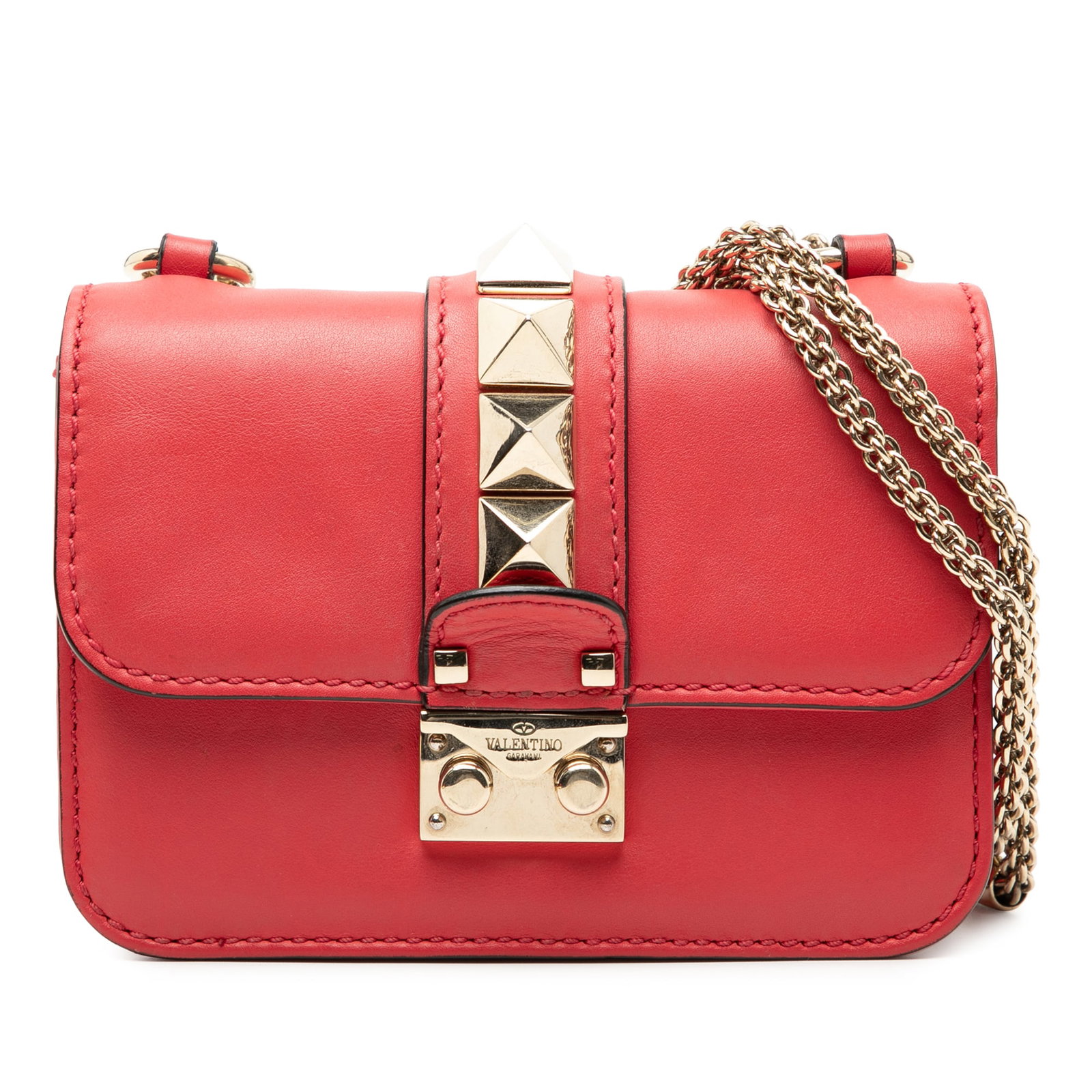 Mini Rockstud Glam Lock Chain Crossbody Bag by Valentino in Red Leather: Mini Rockstud Glam Lock Chain Crossbody Bag by Valentino in Red Leather This Valentino Mini Leather Rockstud Glam Lock Crossbody bag showcases a red leather body accented with signature rockstud embel