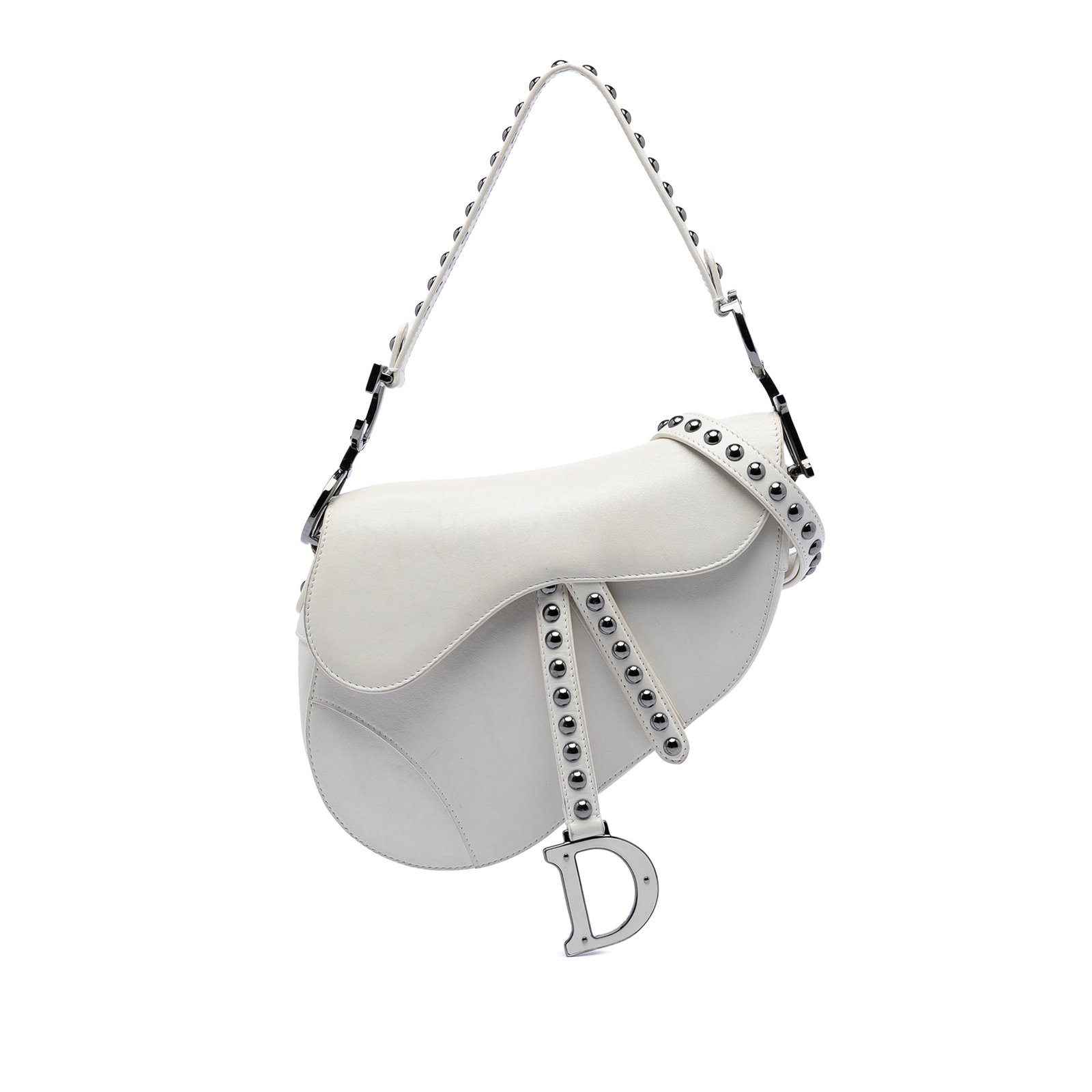 White Leather Saddle Bag with Stud Accents by Dior: White Leather Saddle Bag with Stud Accents by Dior This Dior Saddle bag features a white leather body adorned with stud details and includes both a flat studded leather strap with CD hardware and a de
