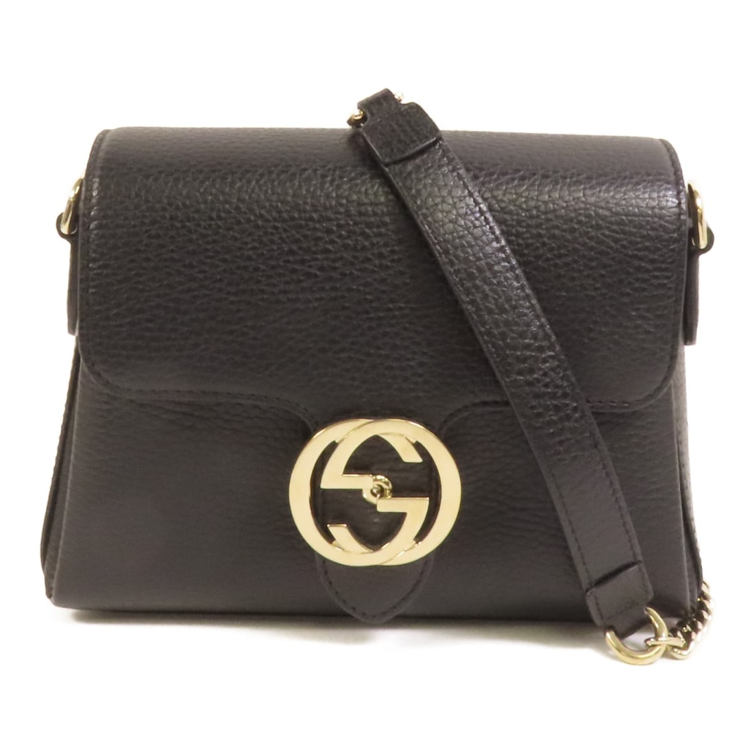 Gucci Mini Shoulder Bag Black Calfskin Leather with Gold Interlocking G Chain: Gucci Mini Shoulder Bag Black Calfskin Leather with Gold Interlocking G Chain This Gucci GG Interlocking G chain mini shoulder bag is crafted from black calfskin leather and features gold-tone hardwar
