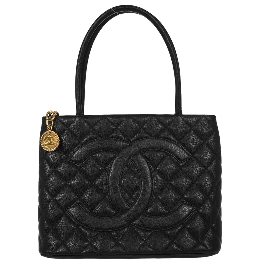 Chanel Medallion Tote Black Caviar Leather Quilted Handbag with Double Handles: Chanel Medallion Tote Black Caviar Leather Quilted Handbag with Double Handles This Chanel Medallion tote handbag is crafted from black caviar skin leather with a signature matelasse quilted pattern. 