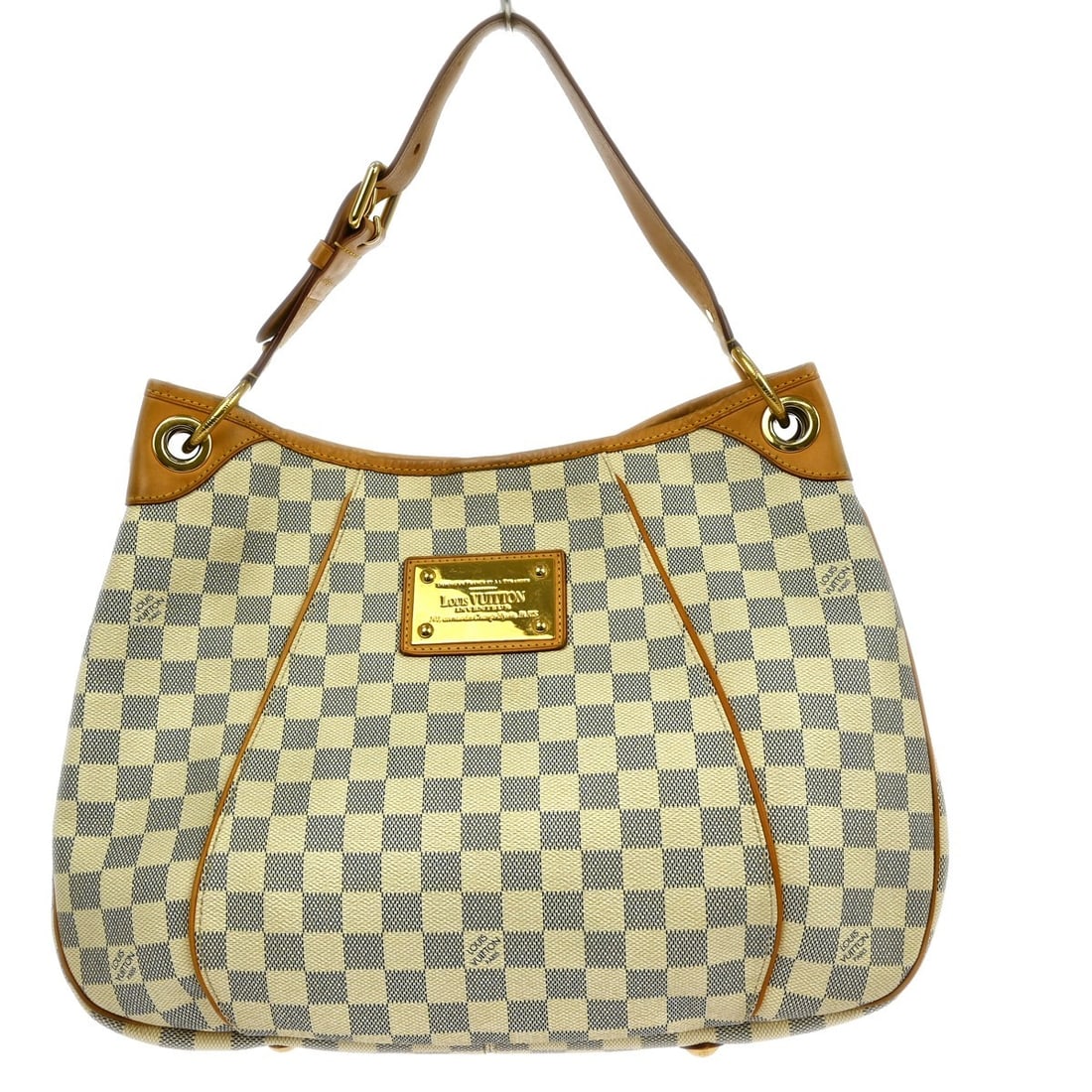 Galliera PM Shoulder Purse in Damier Azur Canvas by Louis Vuitton: Galliera PM Shoulder Purse in Damier Azur Canvas by Louis Vuitton This Louis Vuitton Galliera PM shoulder bag features the iconic Damier Azur checked canvas with leather trim. The medium-sized handbag