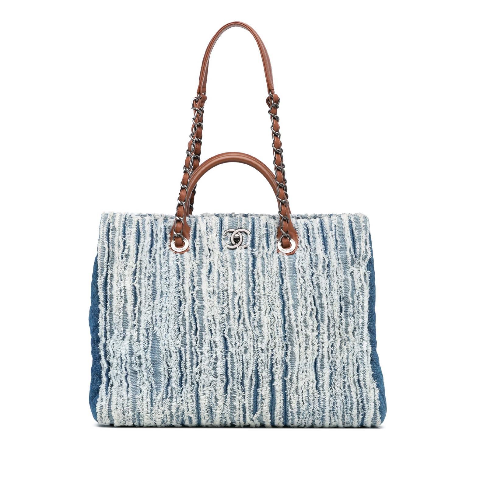 Chanel Large Fringed Denim Tote Blue Fabric with Leather Straps: Chanel Large Fringed Denim Tote Blue Fabric with Leather Straps This stylish Chanel Large Fringed Denim Shopping Tote is a must-have accessory for fashion enthusiasts. Crafted from durable denim, it f
