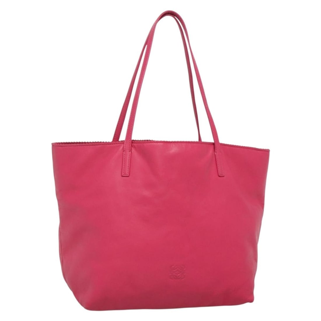 Pink Leather Tote Bag Loewe Anagram 28cm by 26cm by 15cm: Pink Leather Tote Bag Loewe Anagram 28cm by 26cm by 15cm This pre-owned Loewe Anagram Tote is crafted from leather in a pink color, designed for women. The tote features signs of use including surface