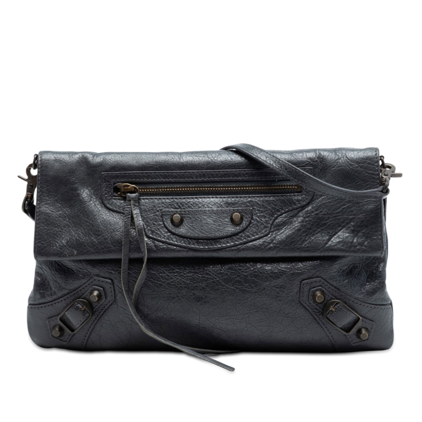 Balenciaga Motocross Envelope Leather Clutch Bag with Strap Gray: Balenciaga Motocross Envelope Leather Clutch Bag with Strap Gray This Balenciaga Chevre Motocross Classic Envelope Clutch with Strap features a gray lambskin leather body with stud details, a front ex