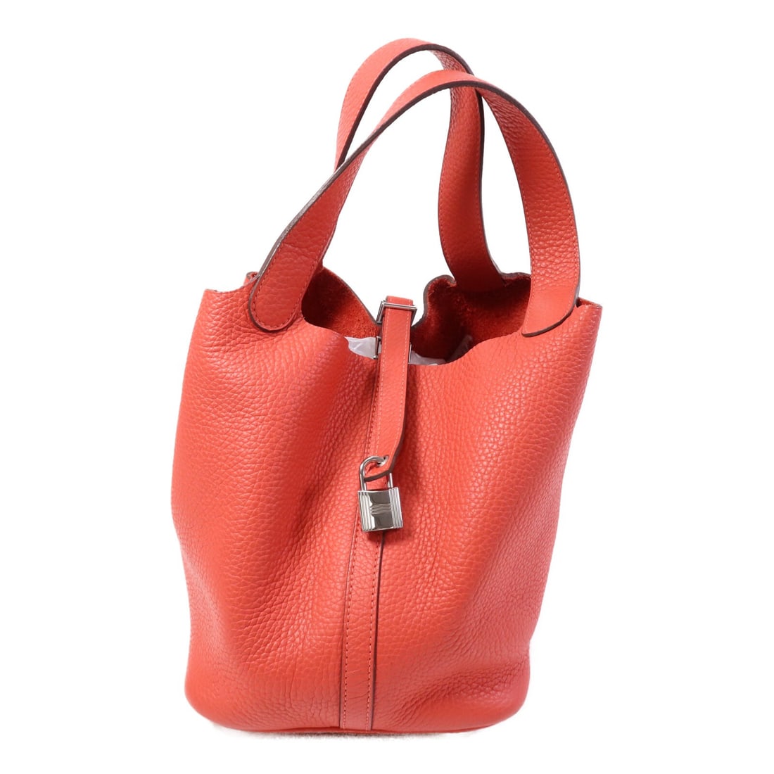 Hermes Picotin MM Red Clemence Leather Tote Bag with Palladium Hardware: Hermes Picotin MM Red Clemence Leather Tote Bag with Palladium Hardware This Hermes Picotin MM tote bag is crafted from Clemence leather in a vibrant red shade. Featuring palladium hardware, it offers