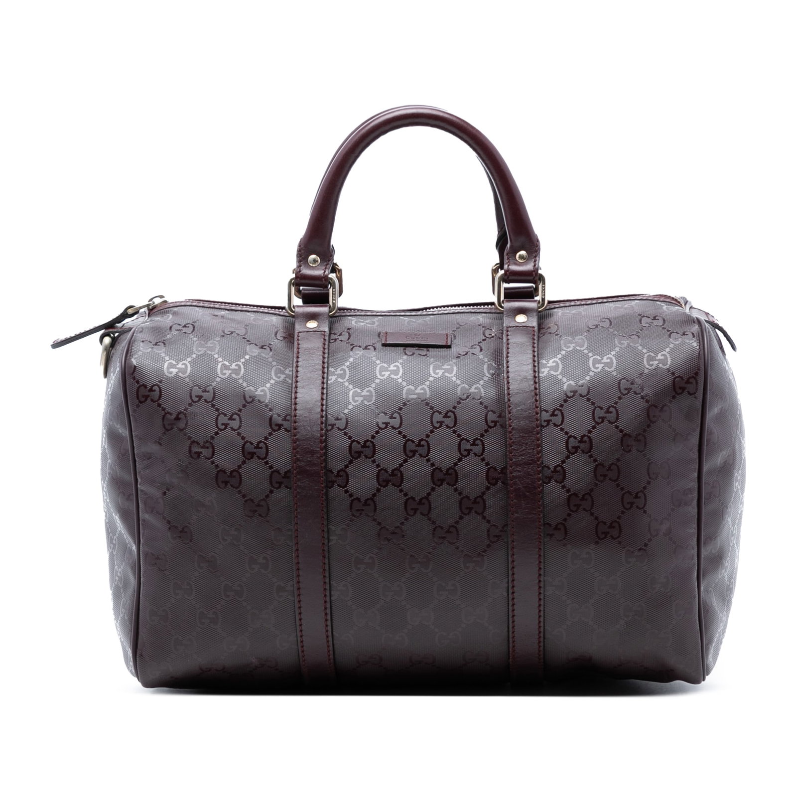 Gucci Joy Boston Medium Purple Coated Canvas Bag with Leather Trim: Gucci Joy Boston Medium Purple Coated Canvas Bag with Leather Trim This Gucci Medium GG Imprime Joy Boston Bag features a coated canvas body with leather trim, rolled leather handles, a top zip closur