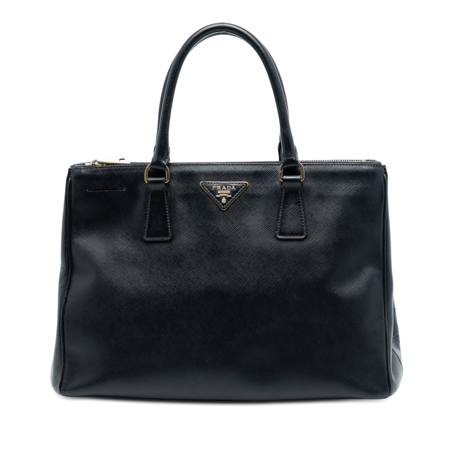 Prada Galleria Saffiano Leather Medium Double Zip Black Satchel Bag: Prada Galleria Saffiano Leather Medium Double Zip Black Satchel Bag This Prada Medium Saffiano Lux Galleria Double Zip Satchel features a black saffiano leather body with rolled leather handles. It of