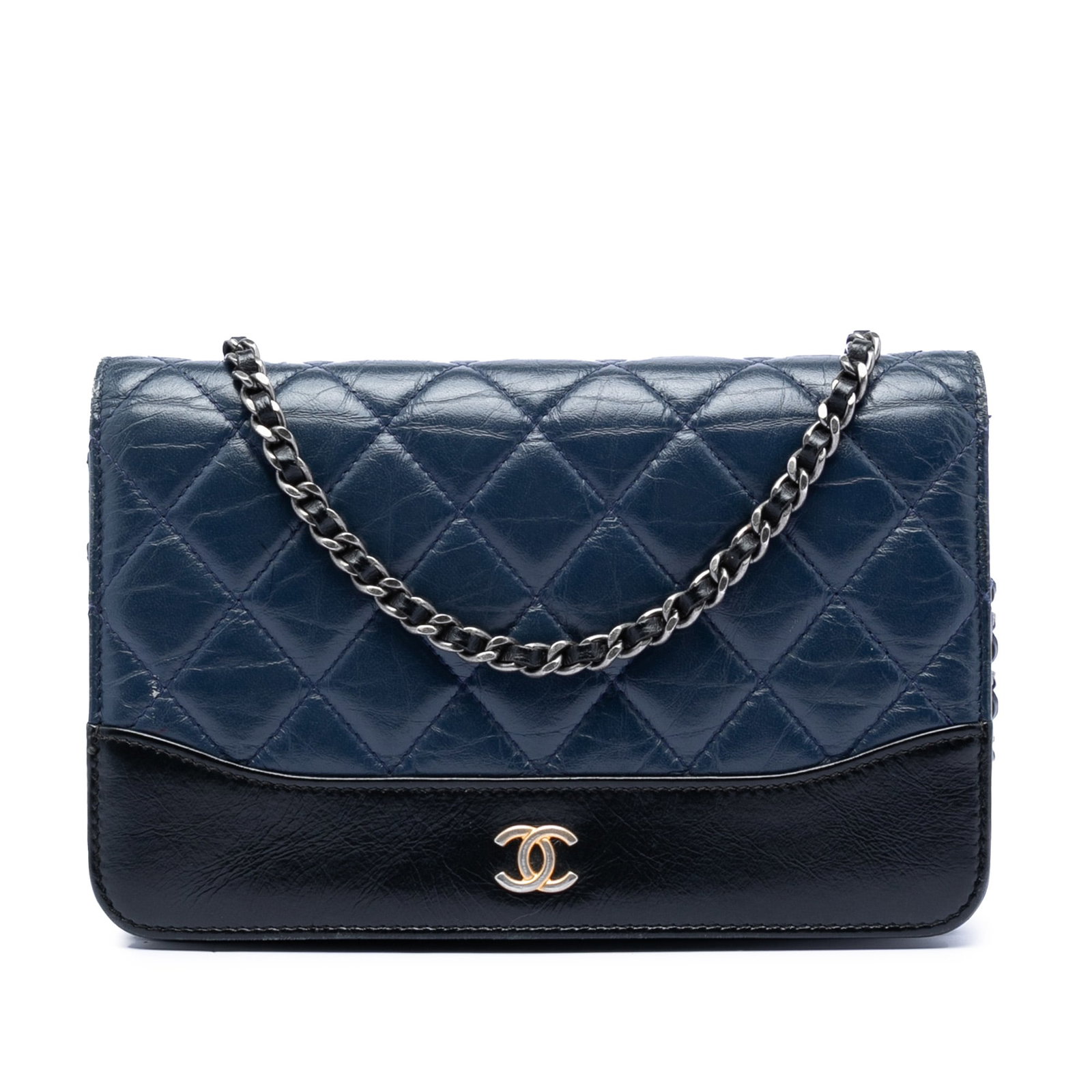 Chanel Gabrielle Blue Quilted Calfskin Wallet On Chain With Chain Strap: Chanel Gabrielle Blue Quilted Calfskin Wallet On Chain With Chain Strap This Chanel Gabrielle Wallet On Chain is crafted from quilted aged calfskin leather in blue. It features a leather-woven chain s