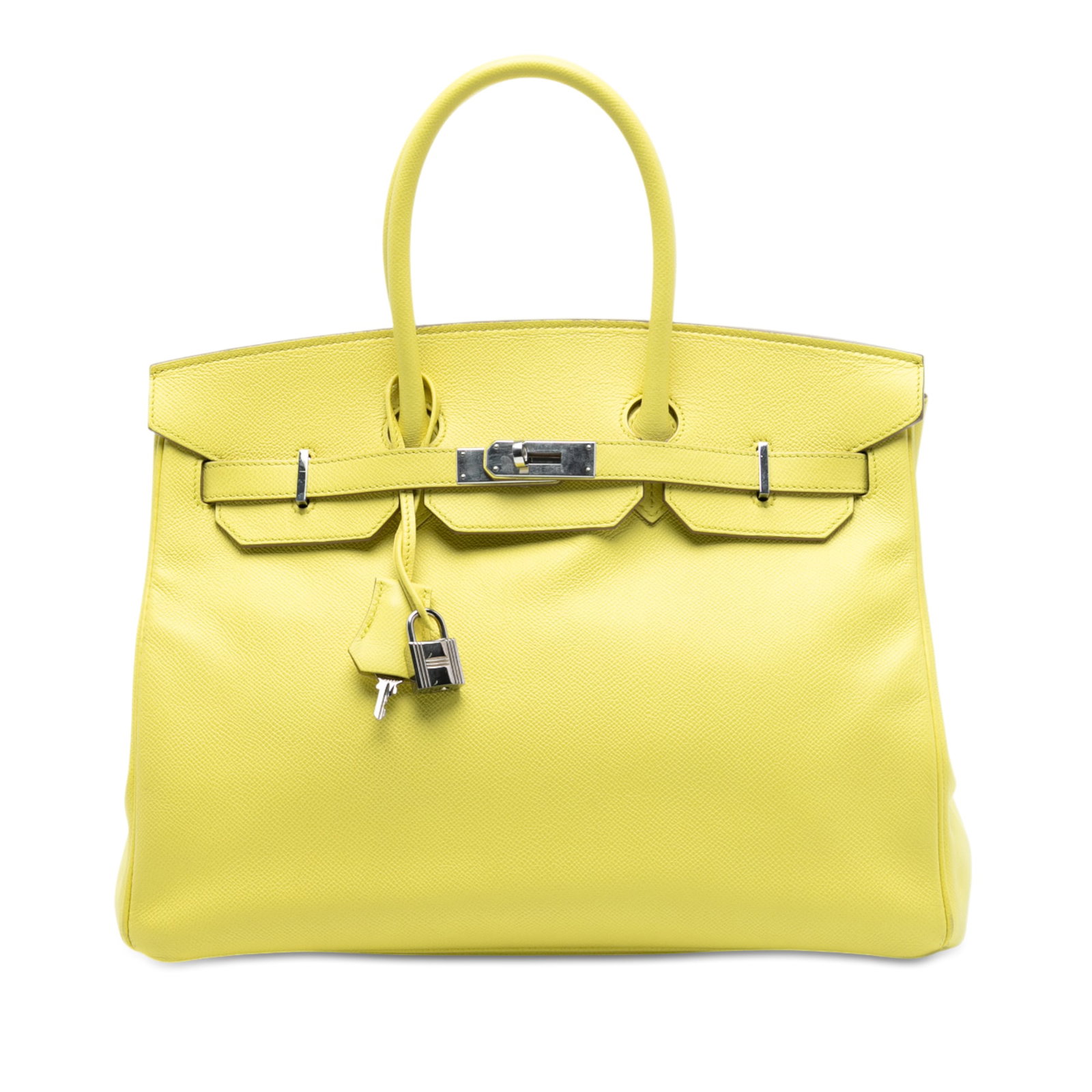 Hermes Birkin 35 Epsom Leather Lime Yellow Top Handle Bag France: Hermes Birkin 35 Epsom Leather Lime Yellow Top Handle Bag France This Hermes Birkin Retourne 35 is crafted from Epsom leather in a vibrant Lime color. It features rolled leather handles, a front flap 