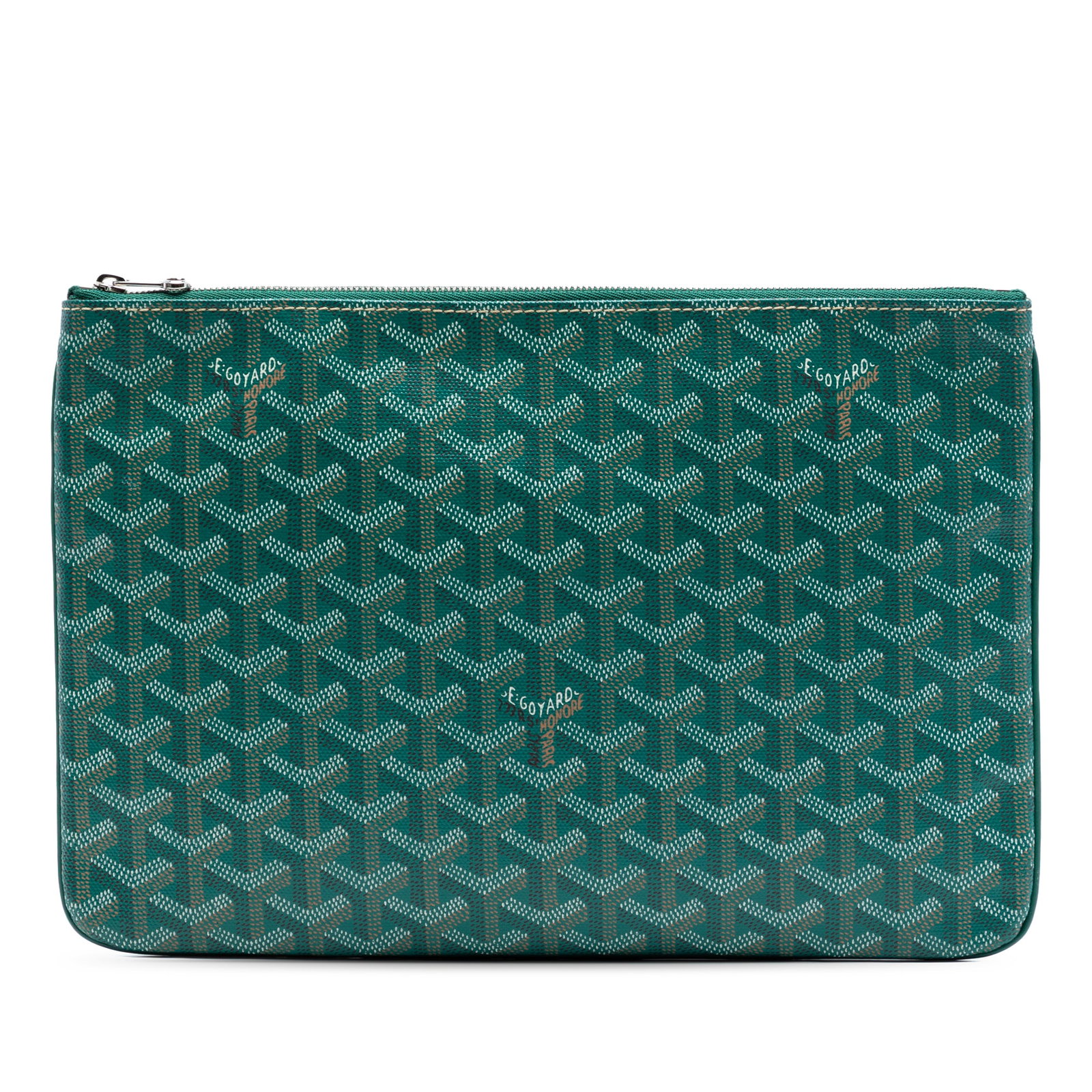 Goyard Goyardine Senat MM Green Coated Canvas Zip Pouch: Goyard Goyardine Senat MM Green Coated Canvas Zip Pouch The Senat MM features a coated canvas body in green with a top zip closure and an interior slip pocket. The bag shows some wear on the exterior 