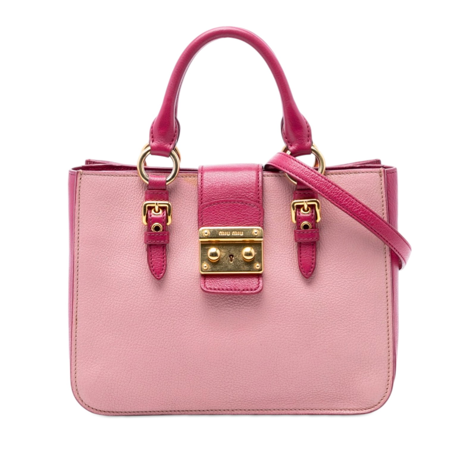 Bicolor Leather Satchel with Detachable Strap by Miu Miu Madras: Bicolor Leather Satchel with Detachable Strap by Miu Miu Madras This Miu Miu Bicolor Goatskin Madras Satchel features a goatskin leather body with rolled leather handles and a detachable, adjustable f