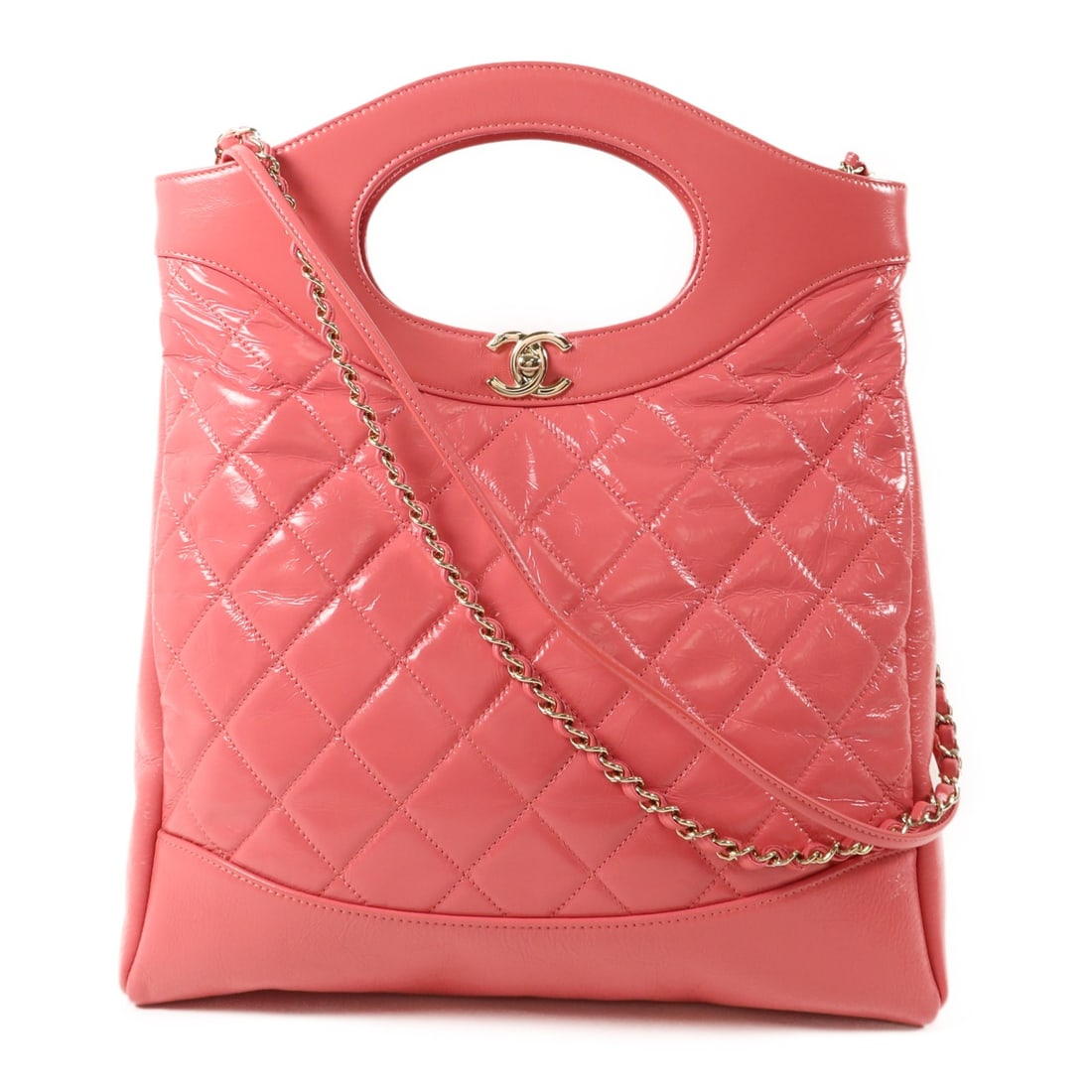 Chanel 31 Pink Calfskin Medium Two Way Shoulder Bag with Gold Hardware: Chanel 31 Pink Calfskin Medium Two Way Shoulder Bag with Gold Hardware This Chanel 31 Medium 2-way Chain Shoulder Bag features pink calfskin leather and gold-tone hardware, offering versatile wear as 