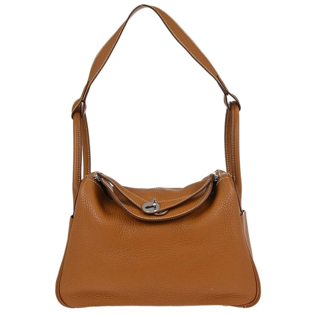 Hermes Lindy 30 Medium Gold Leather Shoulder Bag with Lock Accent: Hermes Lindy 30 Medium Gold Leather Shoulder Bag with Lock Accent This Hermes Lindy 30 shoulder bag features premium Taurillon Clemence leather in a gold color, complemented by a lock accent. Designed