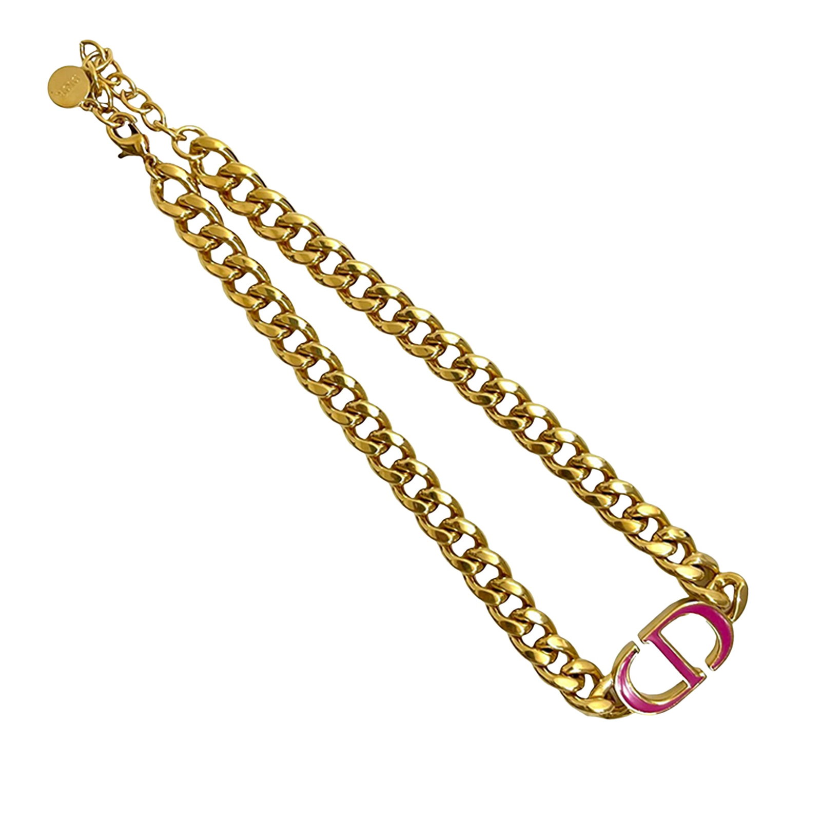 Dior CD Logo Necklace Gold Plated Chain with Lacquered Motif: Dior CD Logo Necklace Gold Plated Chain with Lacquered Motif This Dior necklace features a gold plated metal chain with a lacquered CD logo motif and a lobster clasp closure. The motif measures 2.90 c