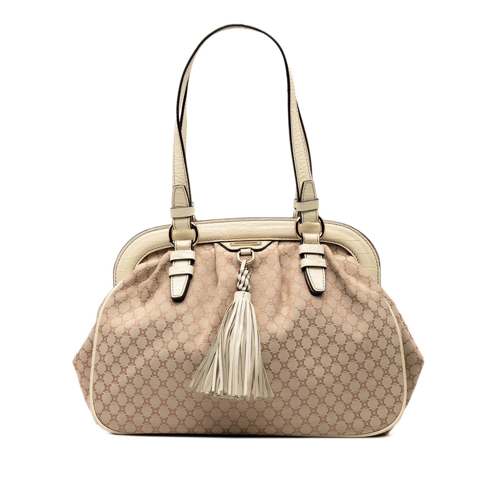 Celine Macadam Canvas Tassel Satchel Bag Brown Fabric: Celine Macadam Canvas Tassel Satchel Bag Brown Fabric This Celine Macadam Canvas Tassel Frame Satchel beautifully combines style and functionality. It features a durable canvas body adorned with leath