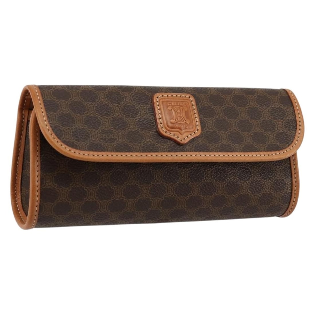 CELINE Macadam Canvas Brown Gold Pouch Italy: CELINE Macadam Canvas Brown Gold Pouch Italy This CELINE Macadam pouch is crafted from durable PVC leather with the brand's signature Macadam canvas in a brown and gold color scheme. Designed for wome