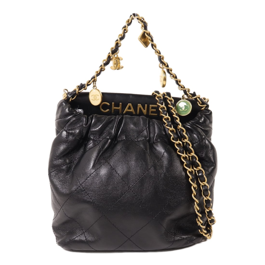 CHANEL Mini Lambskin Black 2 Way Chain Shoulder Bag CC GHW AS3793: CHANEL Mini Lambskin Black 2 Way Chain Shoulder Bag CC GHW AS3793 This CHANEL 2-way shoulder bag features a classic black lambskin exterior and gold-tone hardware, including CC and resin mini charms. 
