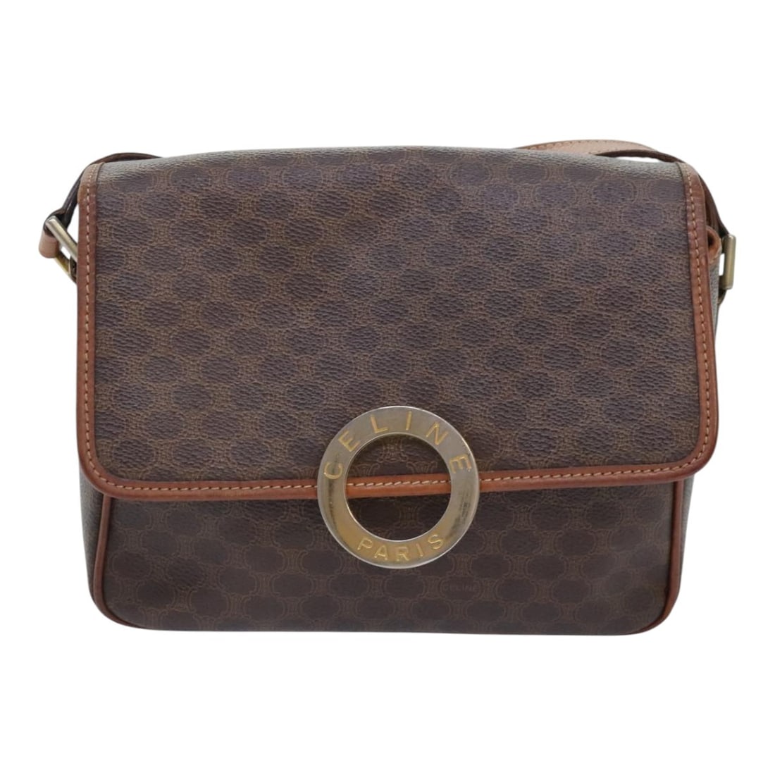 Celine Macadam Circle Logo Canvas Shoulder Bag with Leather Trim: Celine Macadam Circle Logo Canvas Shoulder Bag with Leather Trim This Celine Vintage Macadam Circle Logo Shoulder Bag is crafted from brown canvas with leather trim, featuring the iconic Macadam circl