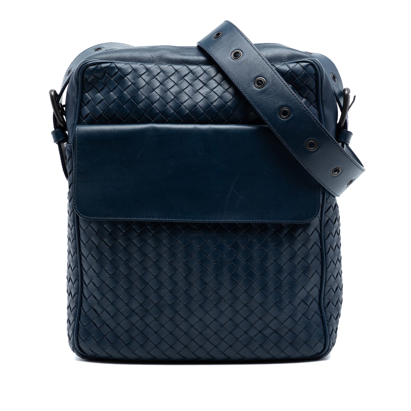 Bottega Veneta Blue Nappa Intrecciato Leather Crossbody Bag with Front Flap Pocket: Bottega Veneta Blue Nappa Intrecciato Leather Crossbody Bag with Front Flap Pocket This Bottega Veneta Nappa Intrecciato Front Pocket Crossbody features a blue nappa leather body with the signature in