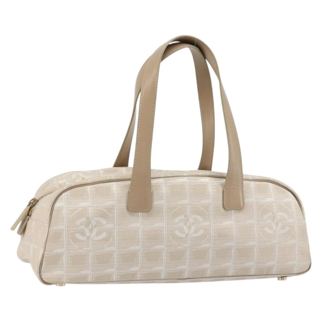 CHANEL Ivory Nylon Travel Line Handbag Gold CC Italy: CHANEL Ivory Nylon Travel Line Handbag Gold CC Italy This CHANEL New Travel Line hand bag is crafted from durable nylon in an elegant ivory and gold color scheme. Designed for women, it features a pra