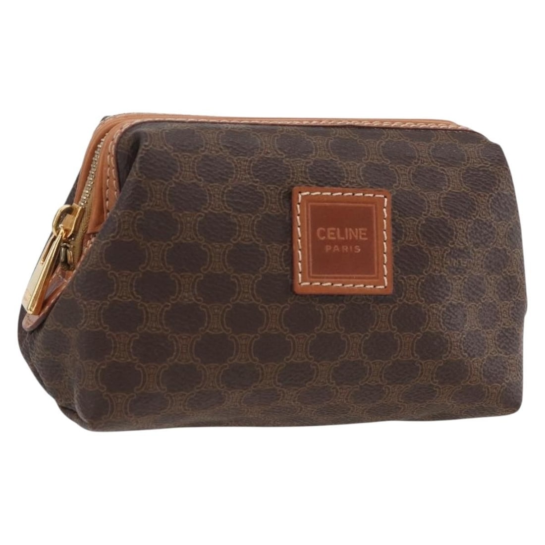 Celine Brown Macadam Canvas and PVC Leather Pouch Gold Tone Accents: Celine Brown Macadam Canvas and PVC Leather Pouch Gold Tone Accents This CELINE Macadam Canvas pouch is crafted from PVC leather in a brown and gold color scheme. Designed for women, the pouch feature