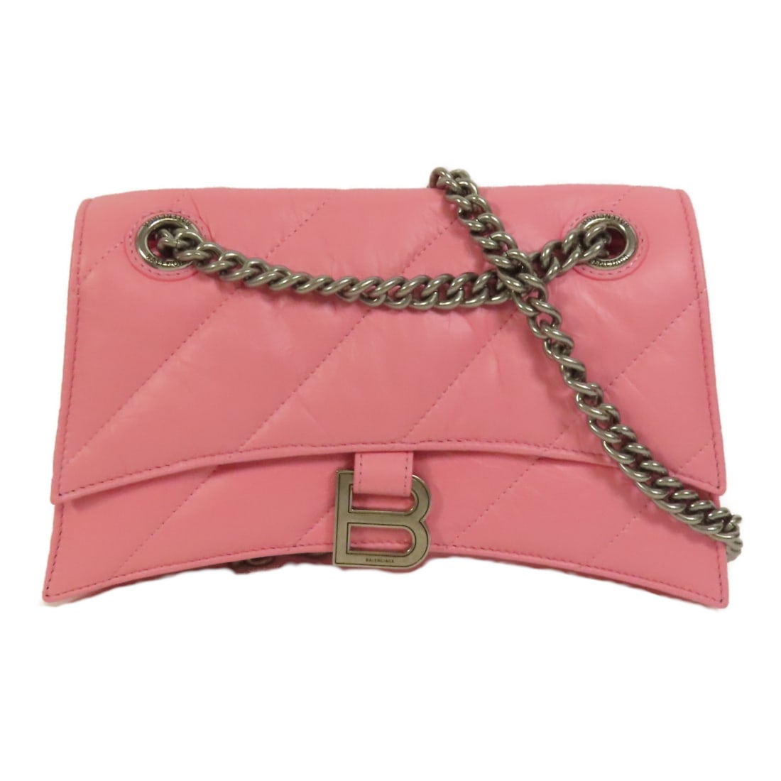 BALENCIAGA Pink Calfskin Crush Small Chain Shoulder Bag: BALENCIAGA Pink Calfskin Crush Small Chain Shoulder Bag Introducing the BALENCIAGA Crush Small Chain Shoulder Bag, a chic accessory crafted from luxurious calfskin leather in a vibrant pink hue. This 