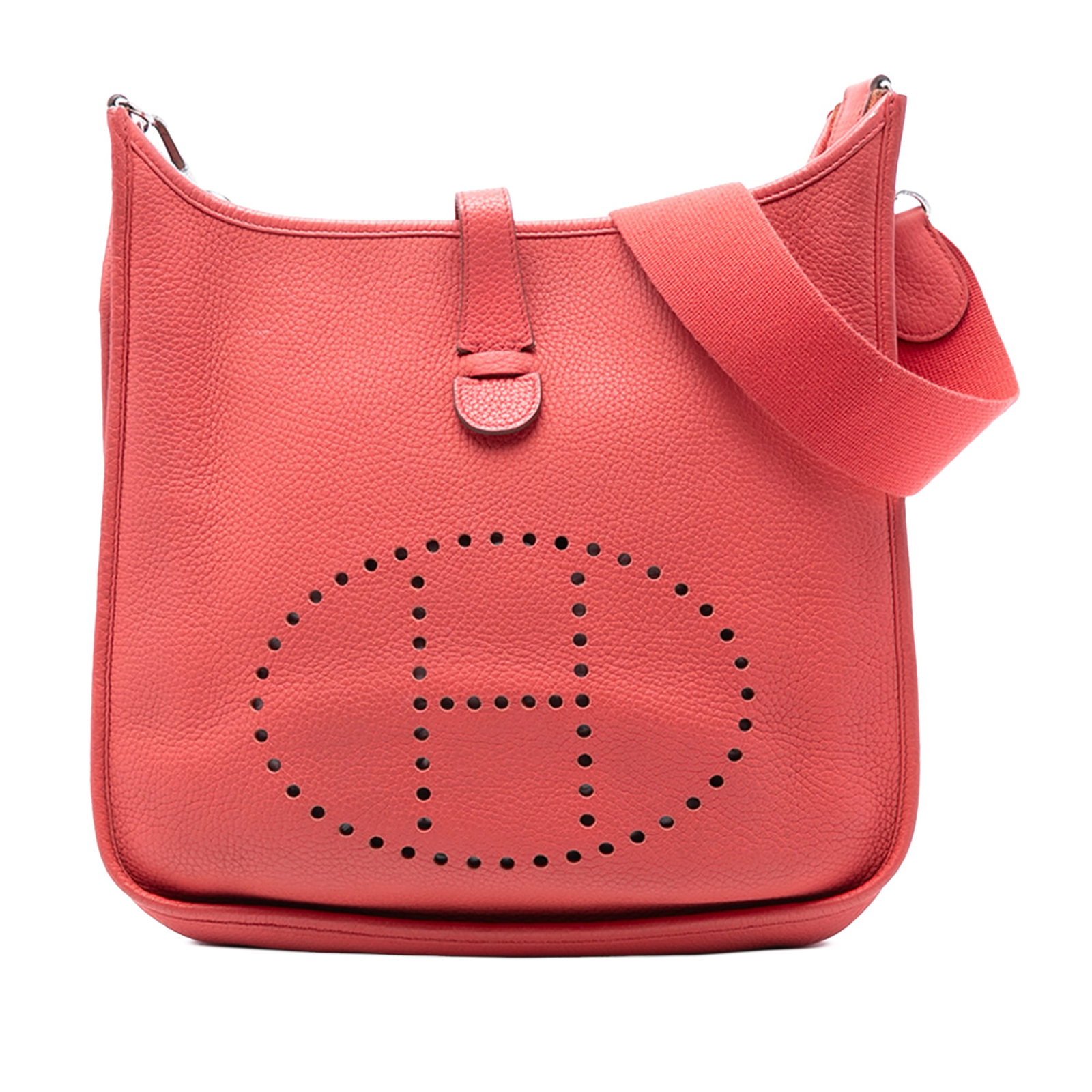 Hermes Evelyne III 33 Clemence Leather Red Shoulder Bag with Canvas Strap: Hermes Evelyne III 33 Clemence Leather Red Shoulder Bag with Canvas Strap The Evelyne III 33 is crafted from Clemence leather in a Bougainvillea red color and features a removable and adjustable flat 