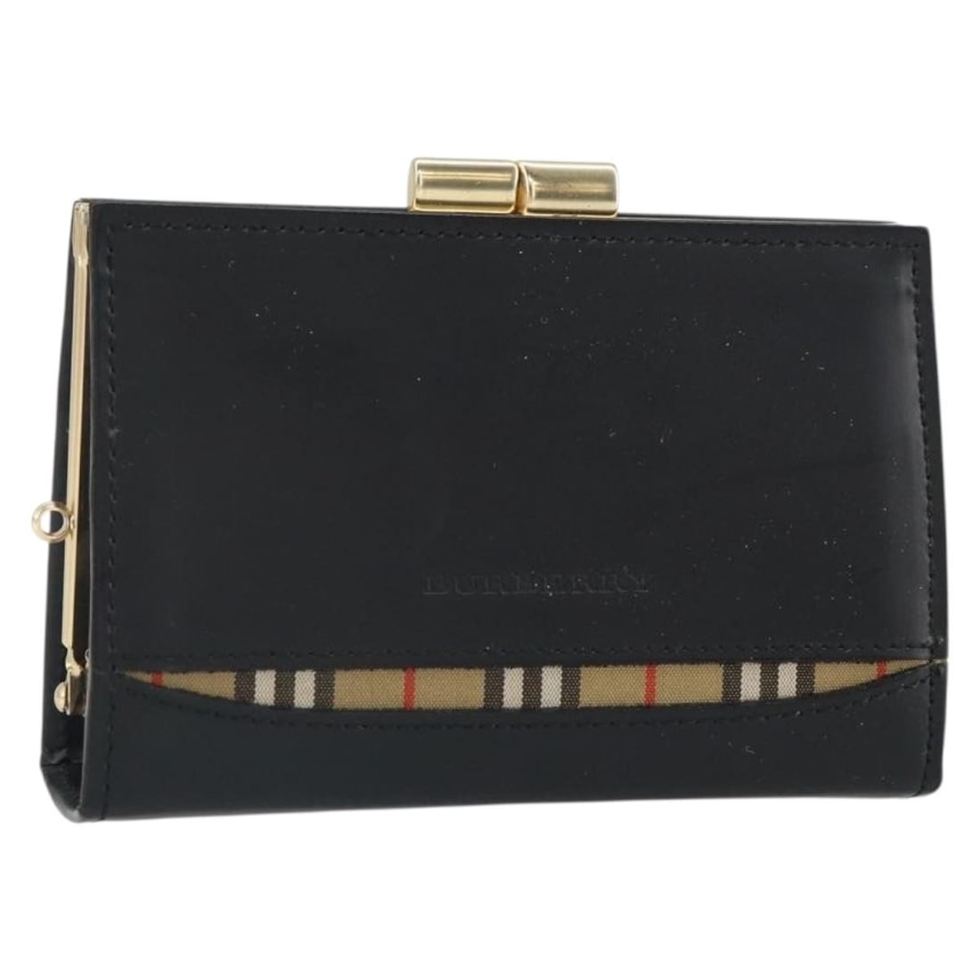 Black Leather Coin Purse by Burberry with Nova Check Pattern: Black Leather Coin Purse by Burberry with Nova Check Pattern This Burberry Nova Check coin purse is crafted from black leather with gold-tone accents. Featuring a compact design, it offers convenient 