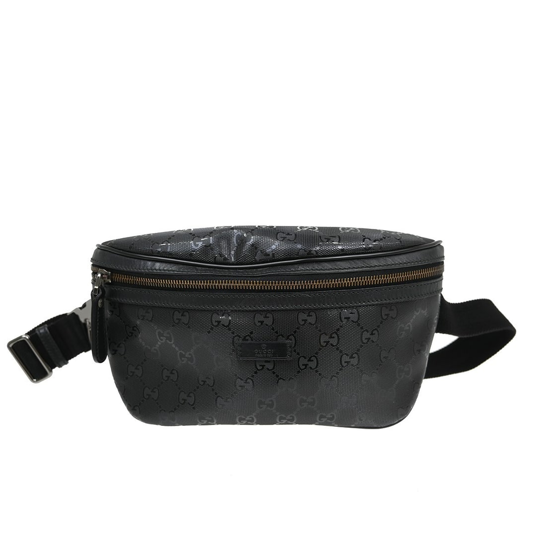 Gucci GG Black Leather PVC Belt Bag: Gucci GG Black Leather PVC Belt Bag This Gucci black GG bum bag features the iconic GG pattern and is crafted from leather and PVC. Designed as a belt bag or fanny pack, it is sized medium with a widt