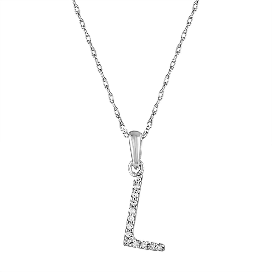 Diamond Accent L Necklace in 14K White Gold by Sabrina Designs Co.: Diamond Accent L Necklace in 14K White Gold by Sabrina Designs Co. This pre-owned 14k white gold necklace features a diamond initial "L" pendant, set with 0.06 carats of diamonds. Suitable for unisex 