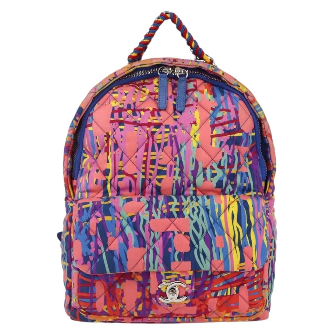 Chanel Multicolor Nylon CC Pocket Quilted Printed Backpack: Chanel Multicolor Nylon CC Pocket Quilted Printed Backpack This Chanel CC Pocket Backpack features a vibrant multicolour quilted printed foulard design crafted from nylon. Designed for women, this bac