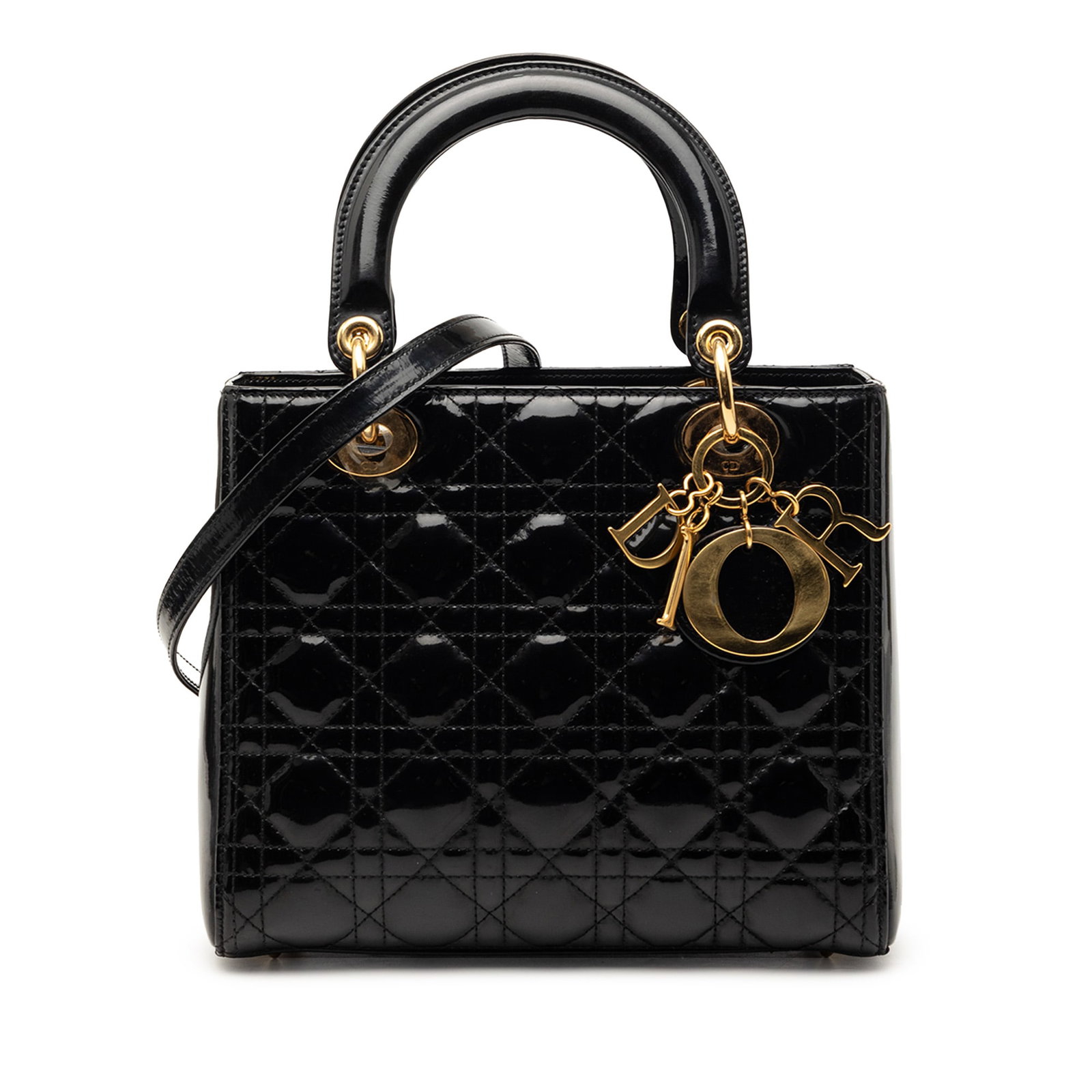 Dior Lady Dior Medium Black Patent Cannage Quilted Leather Handbag: Dior Lady Dior Medium Black Patent Cannage Quilted Leather Handbag This Lady Dior handbag features a quilted patent leather exterior in black, flat leather top handles, and a detachable flat leather s