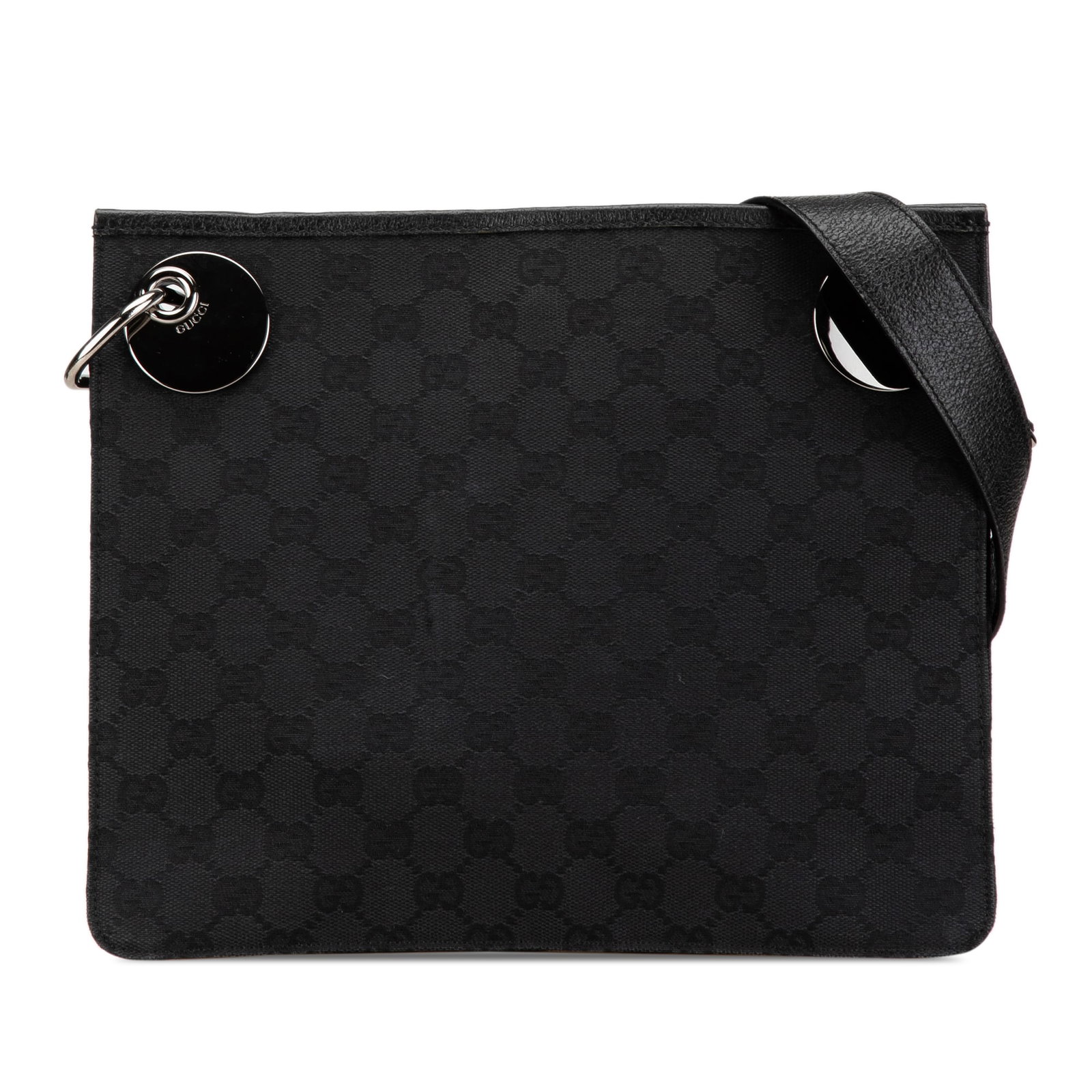 Black GG Canvas Eclipse Crossbody Bag with Leather Trim by Gucci: Black GG Canvas Eclipse Crossbody Bag with Leather Trim by Gucci This Gucci GG Canvas Eclipse Crossbody features a canvas body with leather trim, an adjustable flat leather strap, a top magnetic closu