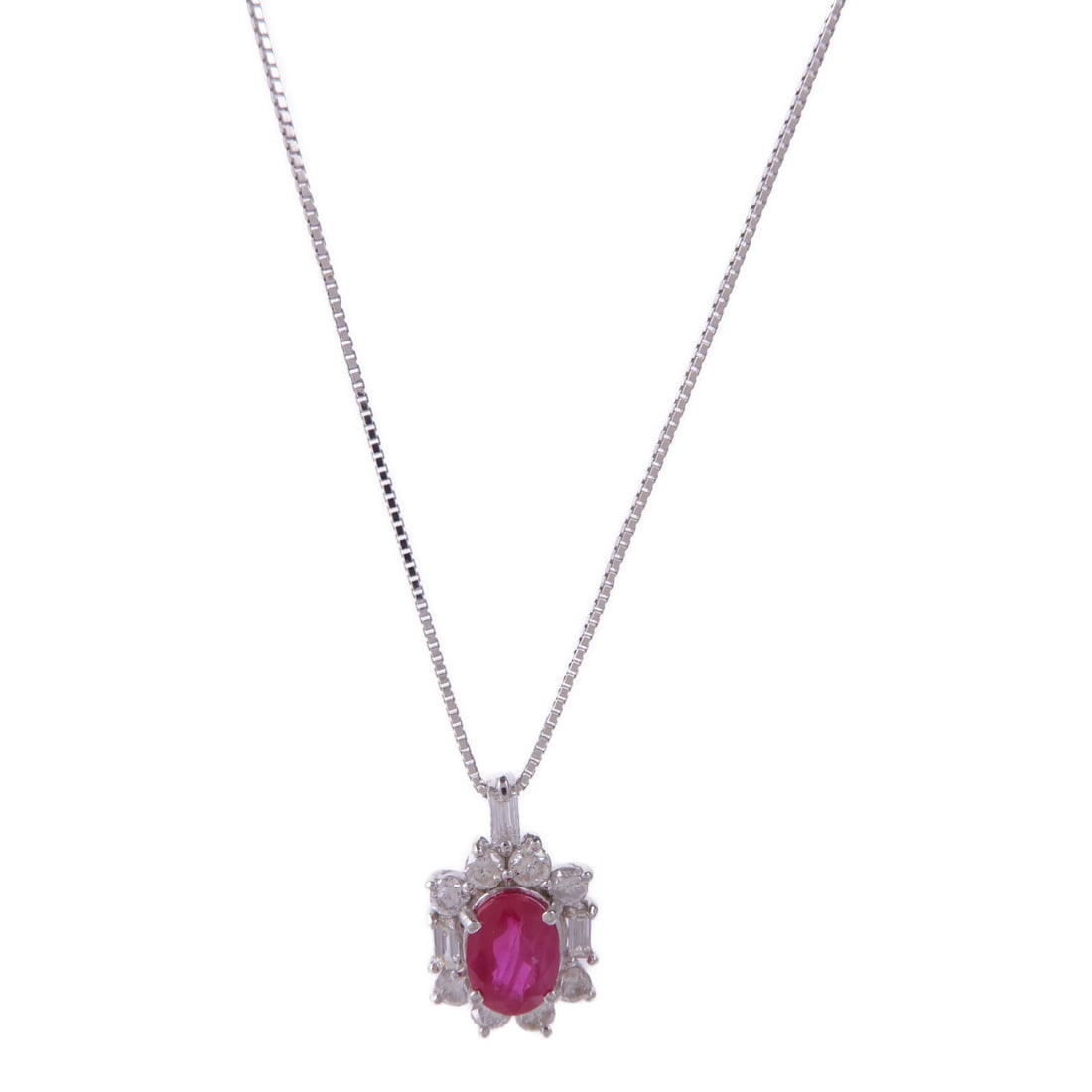 JEWELRY Ruby Diamond Necklace in 18K White Gold: JEWELRY Ruby Diamond Necklace in 18K White Gold This exquisite necklace features a stunning combination of ruby and diamond set in luxurious 18K white gold. The clear brilliance of the diamonds comple