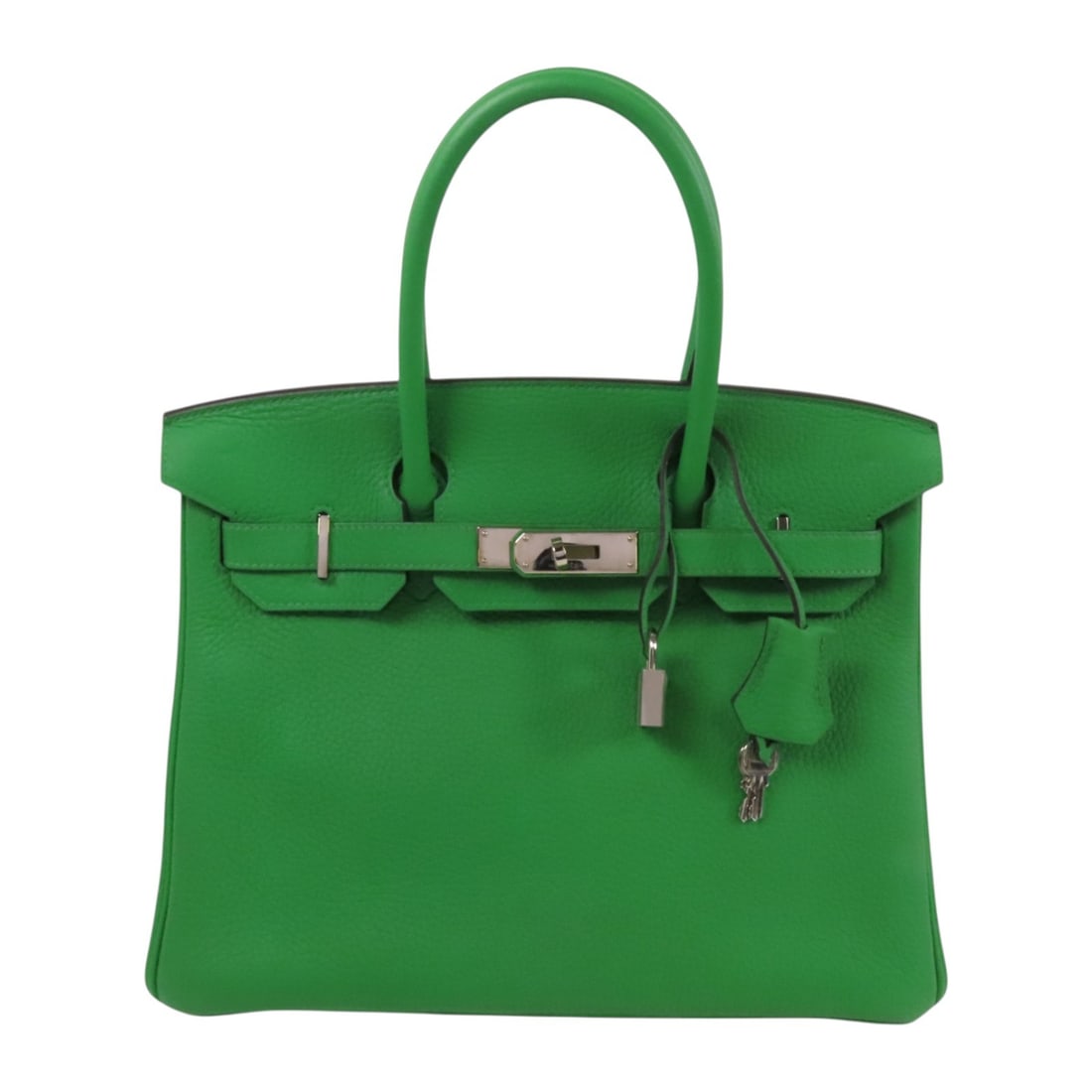 HERMES Birkin 30 Handbag GHW Clemence Leather Bambou Green: HERMES Birkin 30 Handbag GHW Clemence Leather Bambou Green Introducing the exquisite HERMES Birkin 30 Handbag, crafted from luxurious Clemence leather in a stunning Bambou Green shade. This iconic han