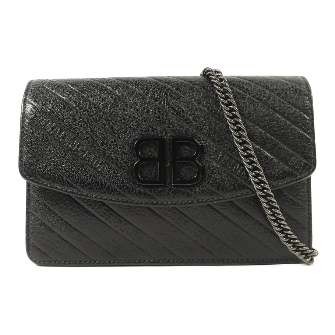 Balenciaga Black Calfskin BB Wallet On Chain Bag: Balenciaga Black Calfskin BB Wallet On Chain Bag This Balenciaga BB Wallet On Chain is crafted from black calfskin leather and designed as a stylish shoulder bag. Featuring a sleek and compact silhoue