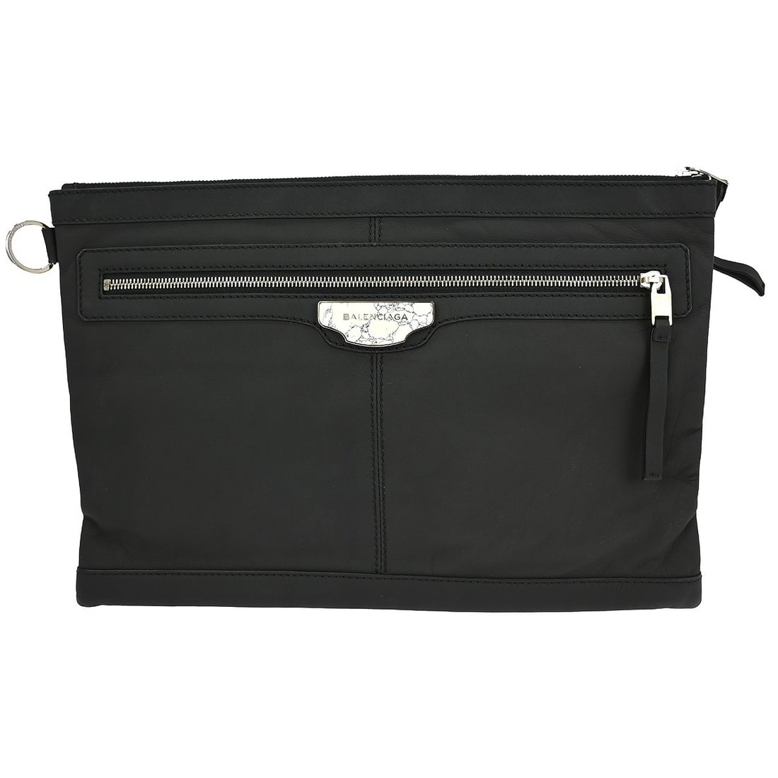 Balenciaga Black Leather Clutch Bag with Logo and Zipper Closure: Balenciaga Black Leather Clutch Bag with Logo and Zipper Closure This Balenciaga clutch bag features a black lambskin leather exterior and a canvas-lined interior. Designed with a zip closure and acce