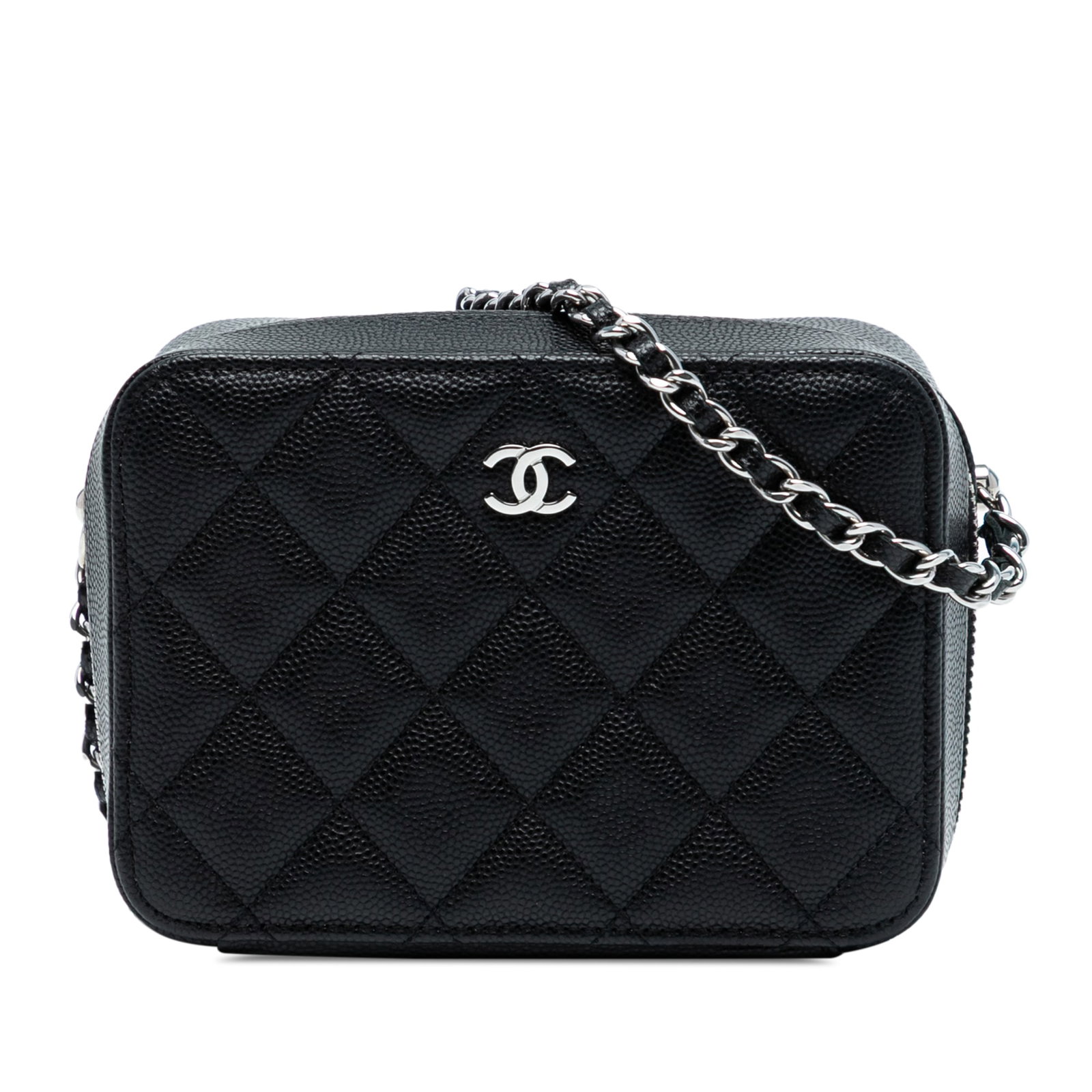 Chanel CC Quilted Caviar Black Camera Bag with Chain Strap: Chanel CC Quilted Caviar Black Camera Bag with Chain Strap This Chanel CC Quilted Caviar Camera Bag is a stylish accessory crafted from luxurious quilted caviar leather. It features a convenient zip-a