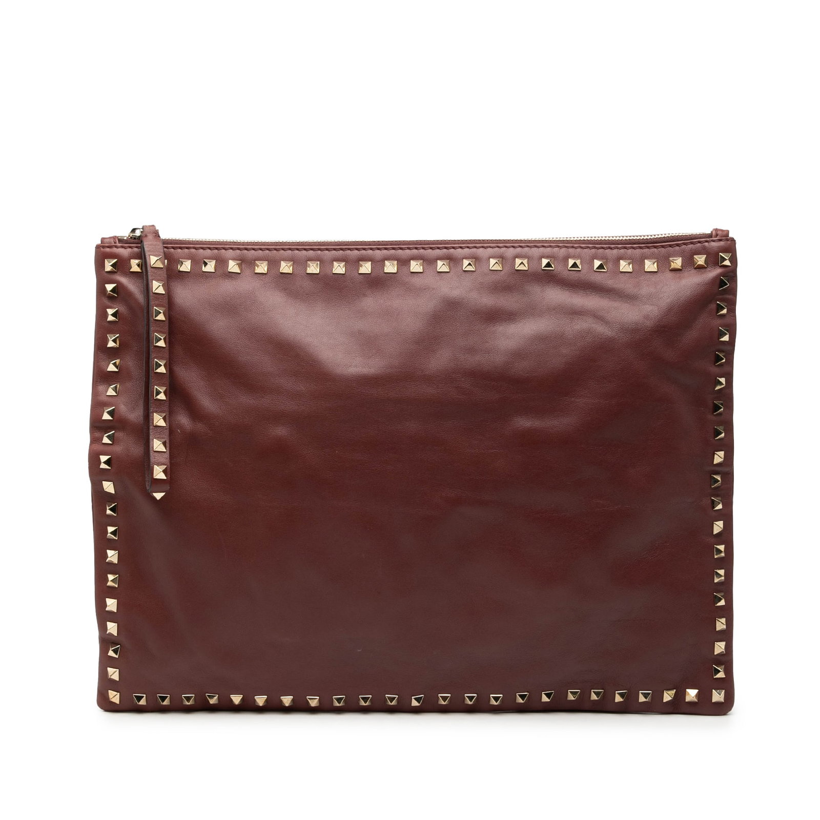 Red Valentino Rockstud Leather Clutch Bag with Studded Detailing: Red Valentino Rockstud Leather Clutch Bag with Studded Detailing This Valentino Large Leather Rockstud Clutch features a red leather body adorned with metal studs, a top zip closure, and both